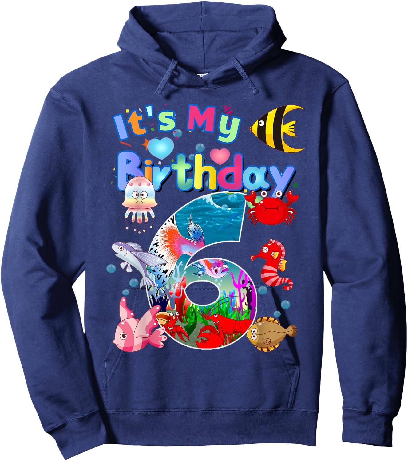 6nd Birthday Party 6 Year Old Sea Fish Aquarium Birthday Boy Hoodie - Hoodie | Navy