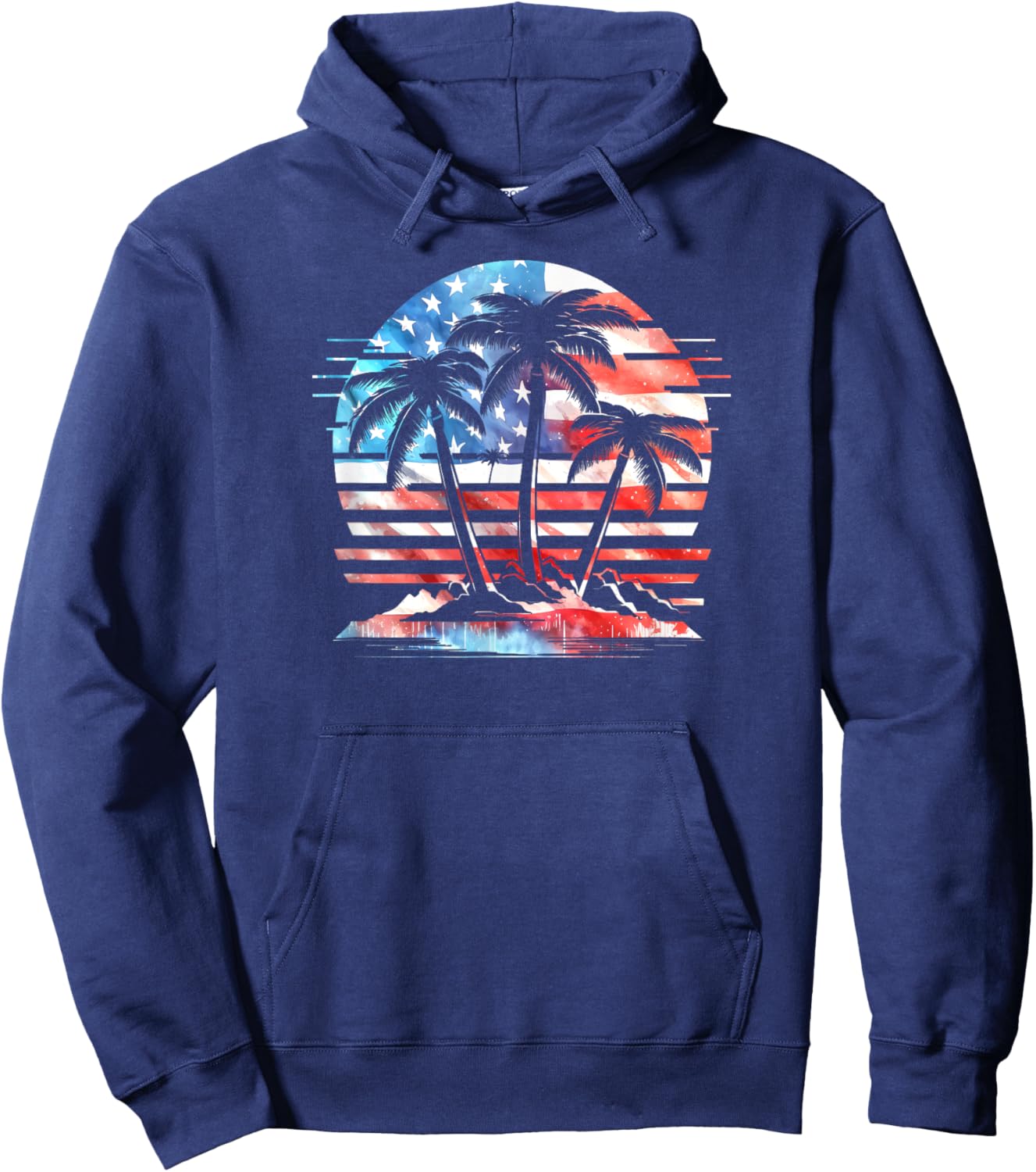 American Flag Retro Beach Palm Trees 4th of July Patriotic Hoodie - Hoodie | Navy