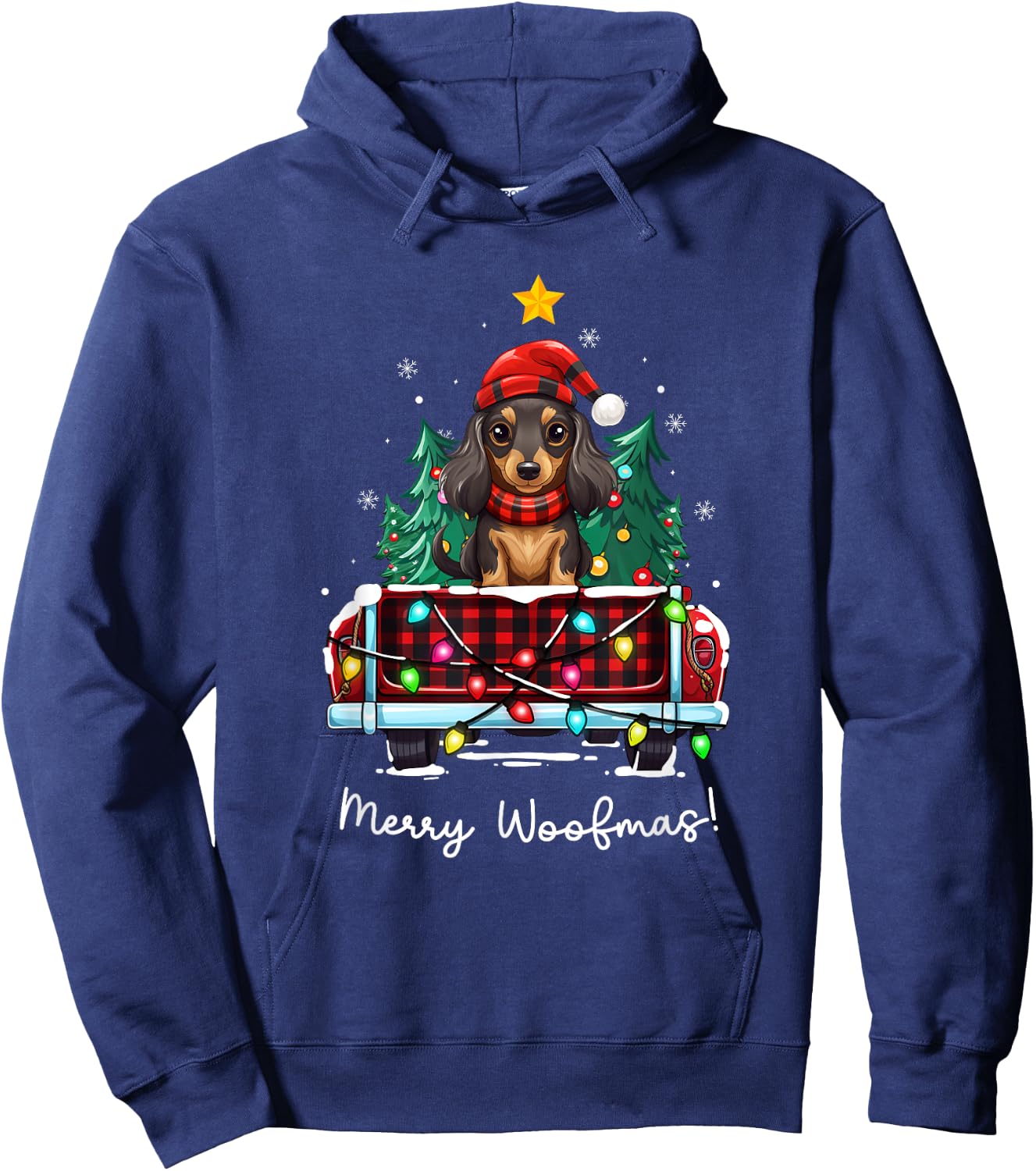 Long Haired Dachshund Christmas Dog Truck Plaid Funny Xmas Men Women Kids Hoodie - Hoodie | Navy