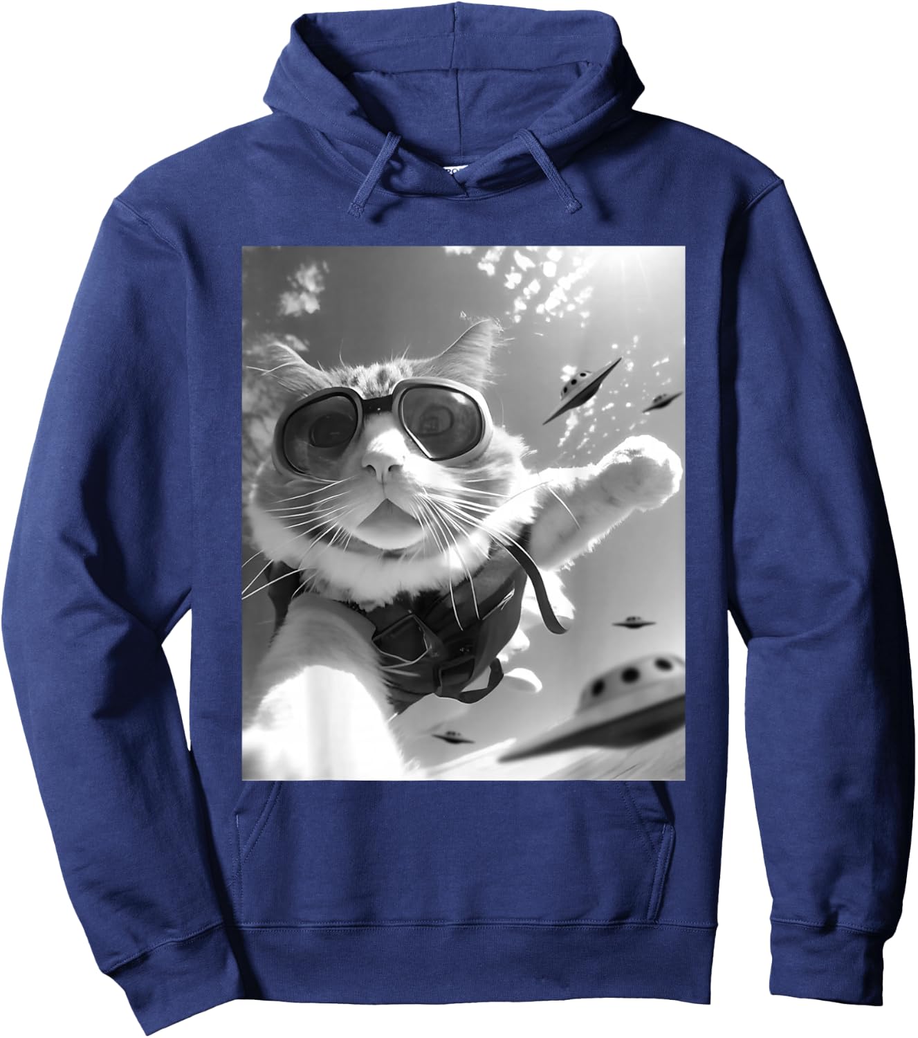Funny Skydiving Cat Selfie with Alien UFOs Hoodie - Hoodie | Navy