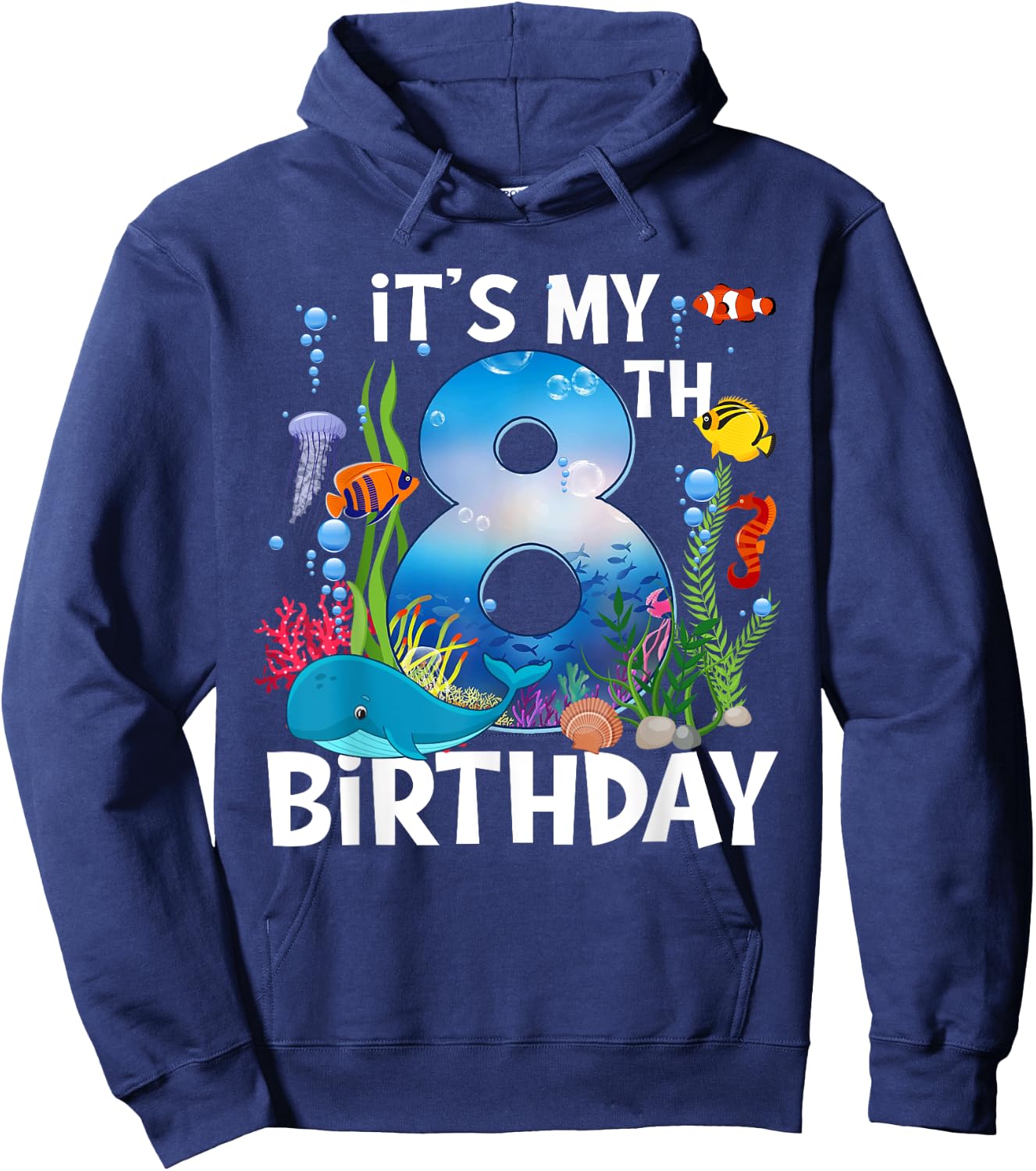 Kids 8 Year Old Ocean Life Whale Dolphin Shark 8th Birthday Hoodie - Hoodie | Navy