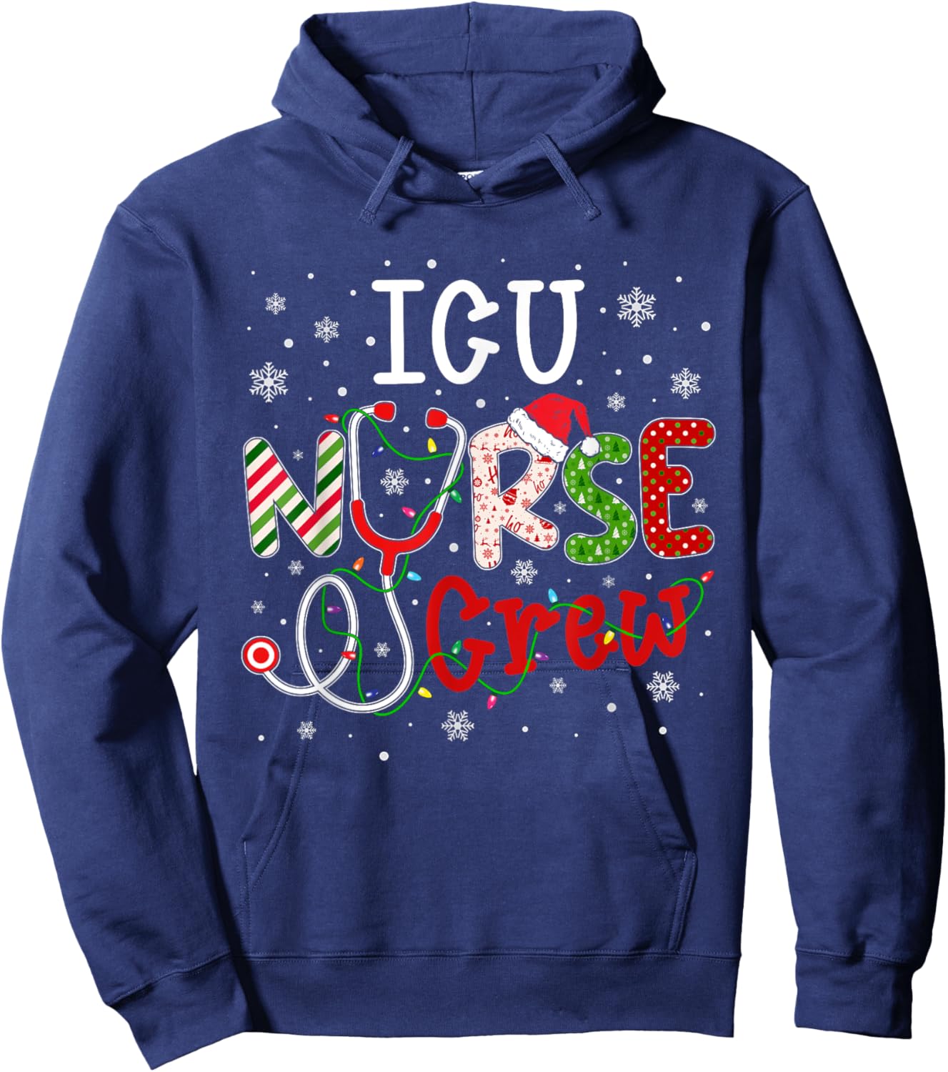 ICU Christmas Nurse Crew Funny Nursing Christmas Pattern Hoodie - Hoodie | Navy