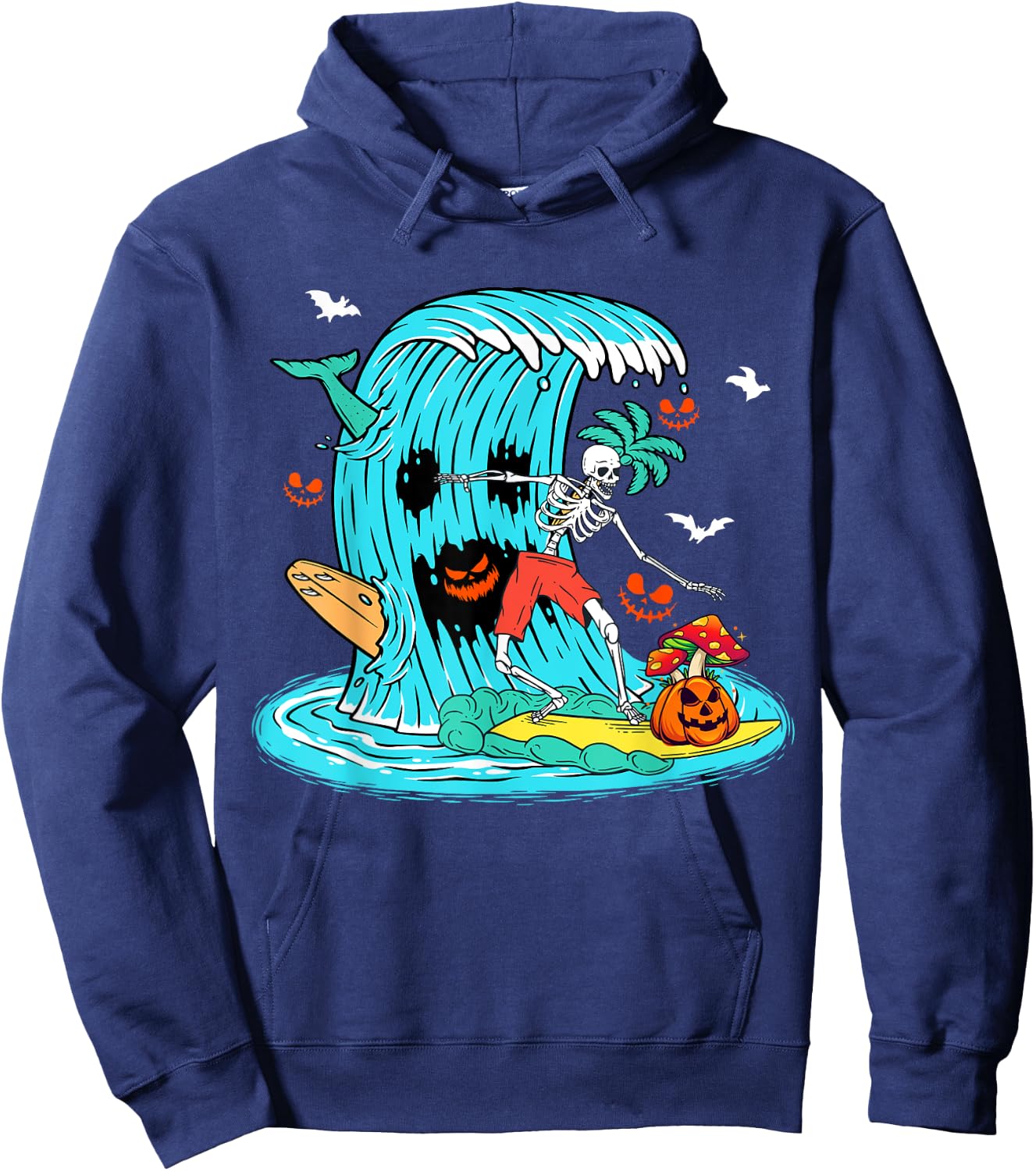 Skeleton Surfing Hawaiian Halloween Surfer Horror Pumpkin Hoodie - Hoodie | Navy