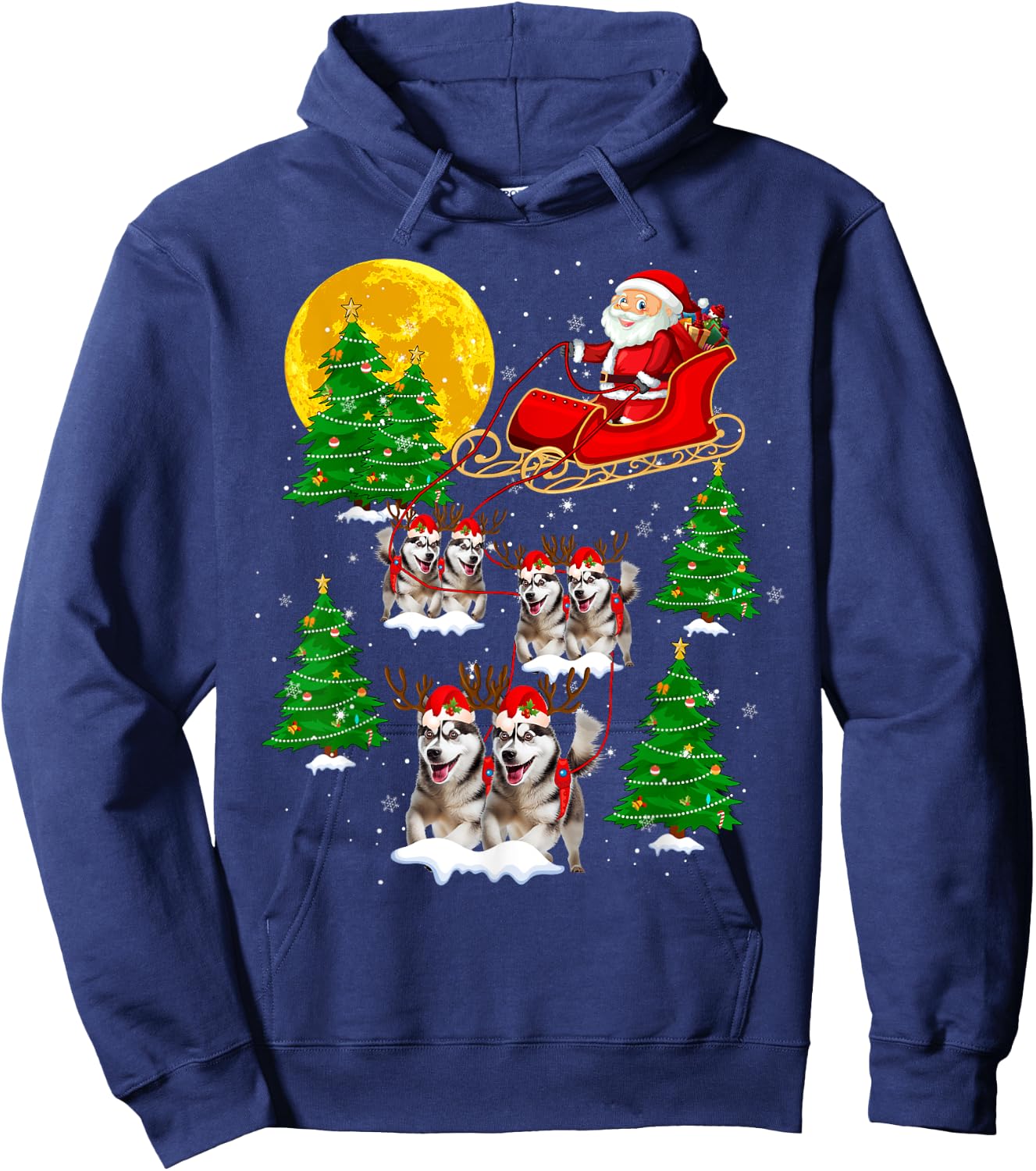 Cute Reindeer Husky Dogs Pulling Santa Sled Christmas Pajama Hoodie - Hoodie | Navy