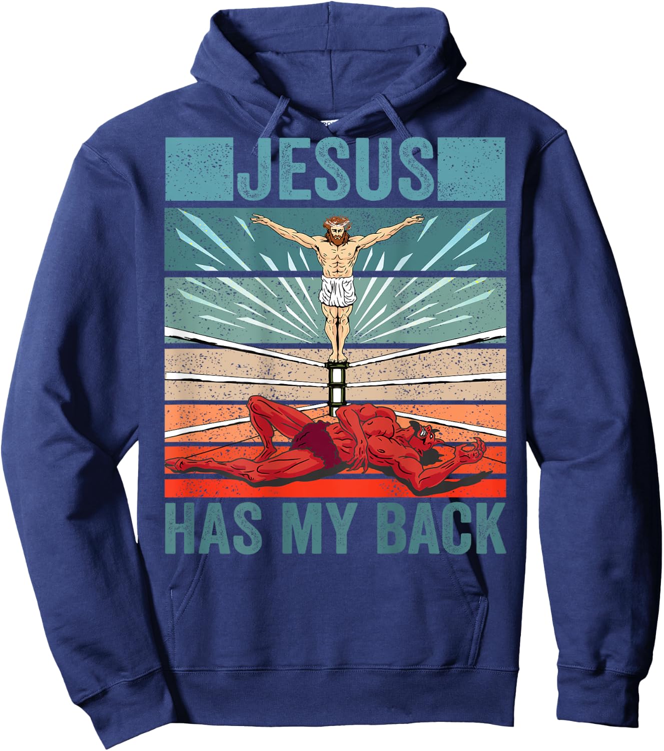 Wrestler Costume Devil Jesus Has My BACK PRINT Christian Hoodie - Hoodie | Navy