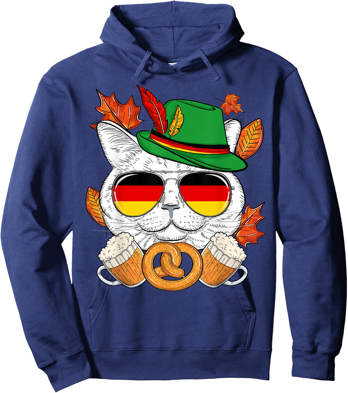 Funny Lederhosen Cat & Sunglasses Germany Flag Oktoberfest Hoodie - Hoodie | Navy