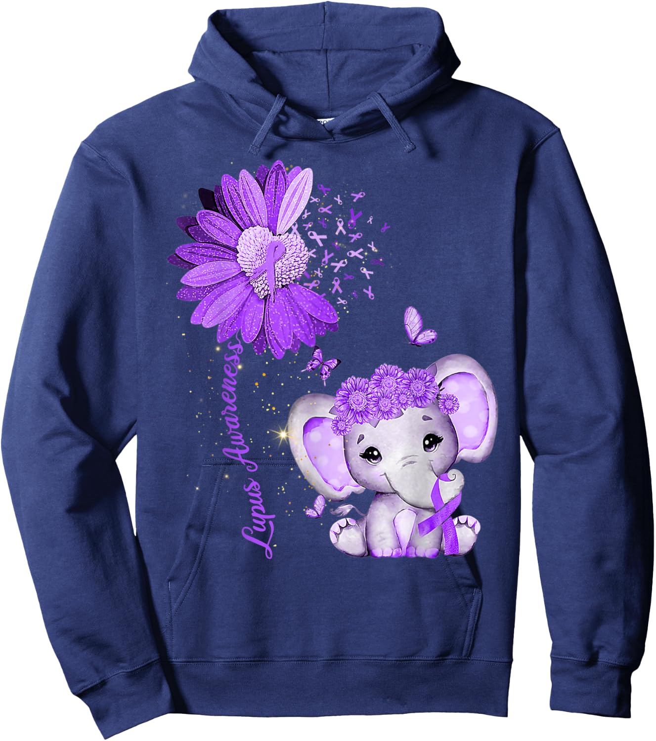 Lupus Awareness Sunflower Purple Ribbon Elephant Hoodie - Hoodie | Navy