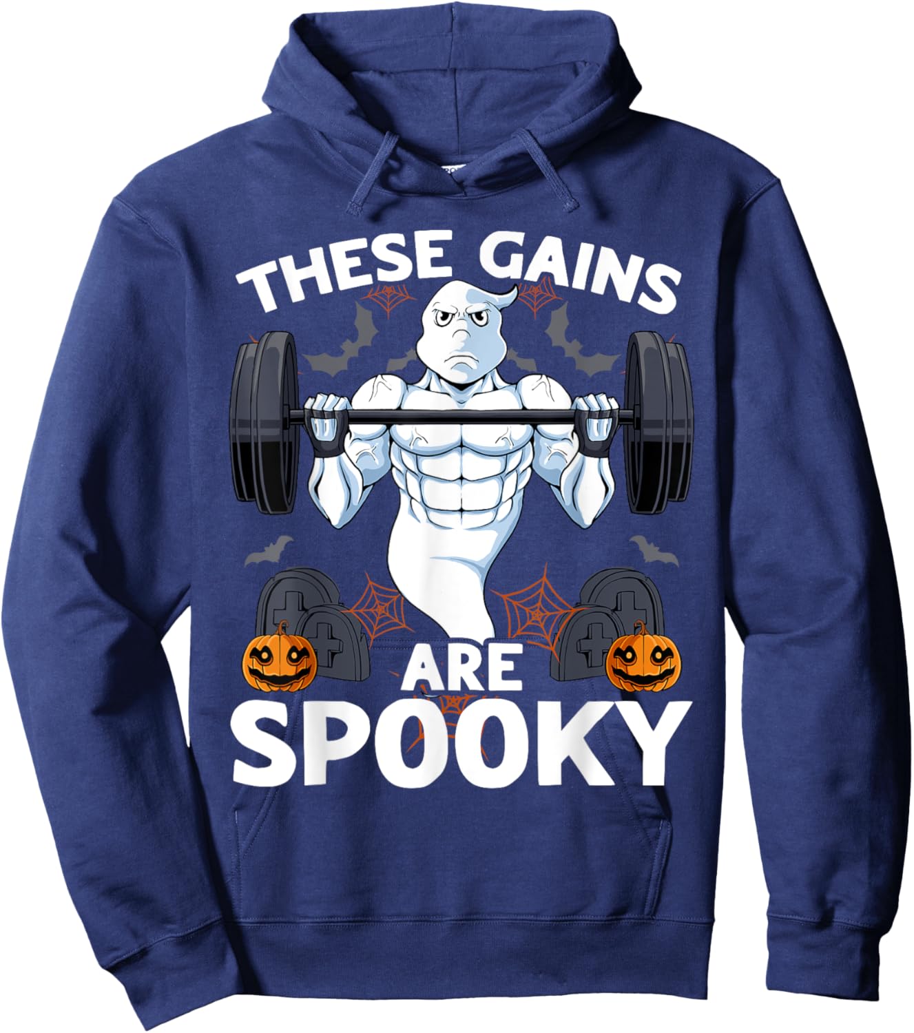 The Gains Are Spooky Halloween Scary Ghost Weightlifting Gym Hoodie - Hoodie | Navy