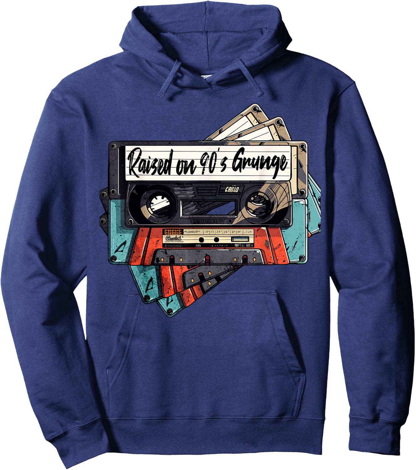 Raised On 90's Music Grunge Rock Cassette Tape Design Hoodie - Hoodie | Navy