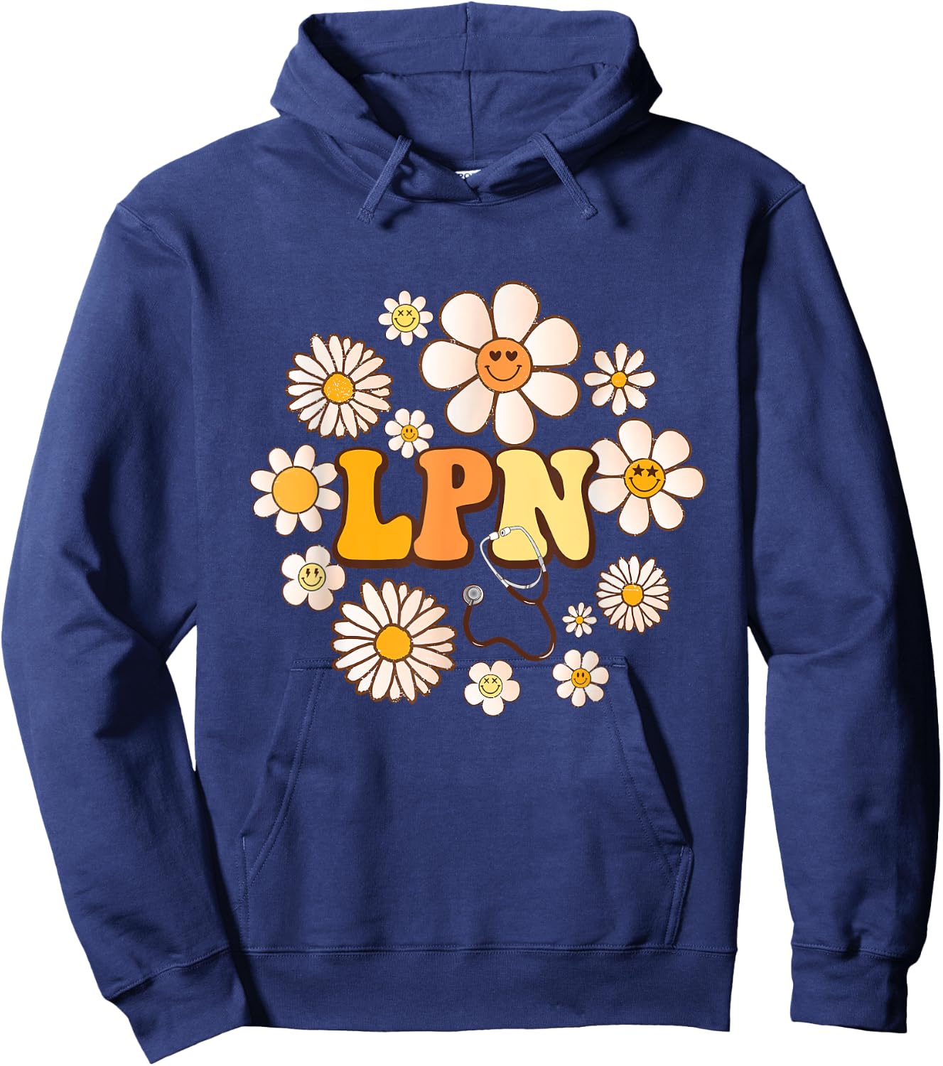 Retro groovy smile face Flowers LPN Licensed Practical Nurse Hoodie - Hoodie | Navy