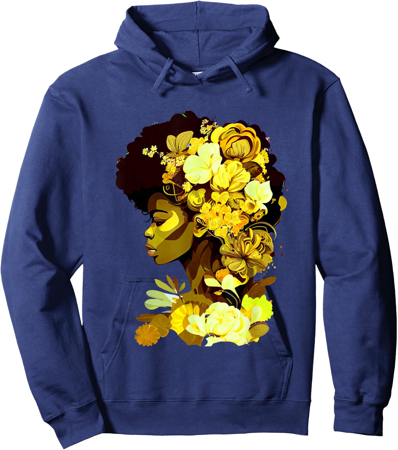 Beautiful Black Woman Afro Queen African Art Yellow Flowers Hoodie - Hoodie | Navy