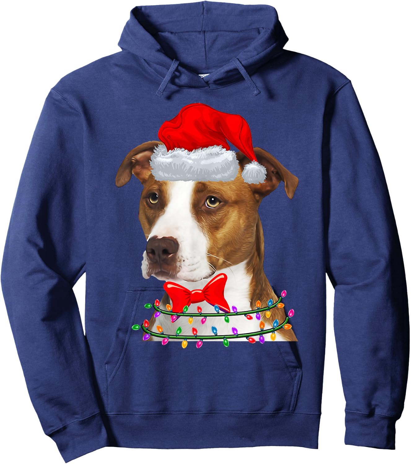 Christmas Lights Pitbull Wearing Xmas Hat - Cute Dog Lover Hoodie - Hoodie | Navy