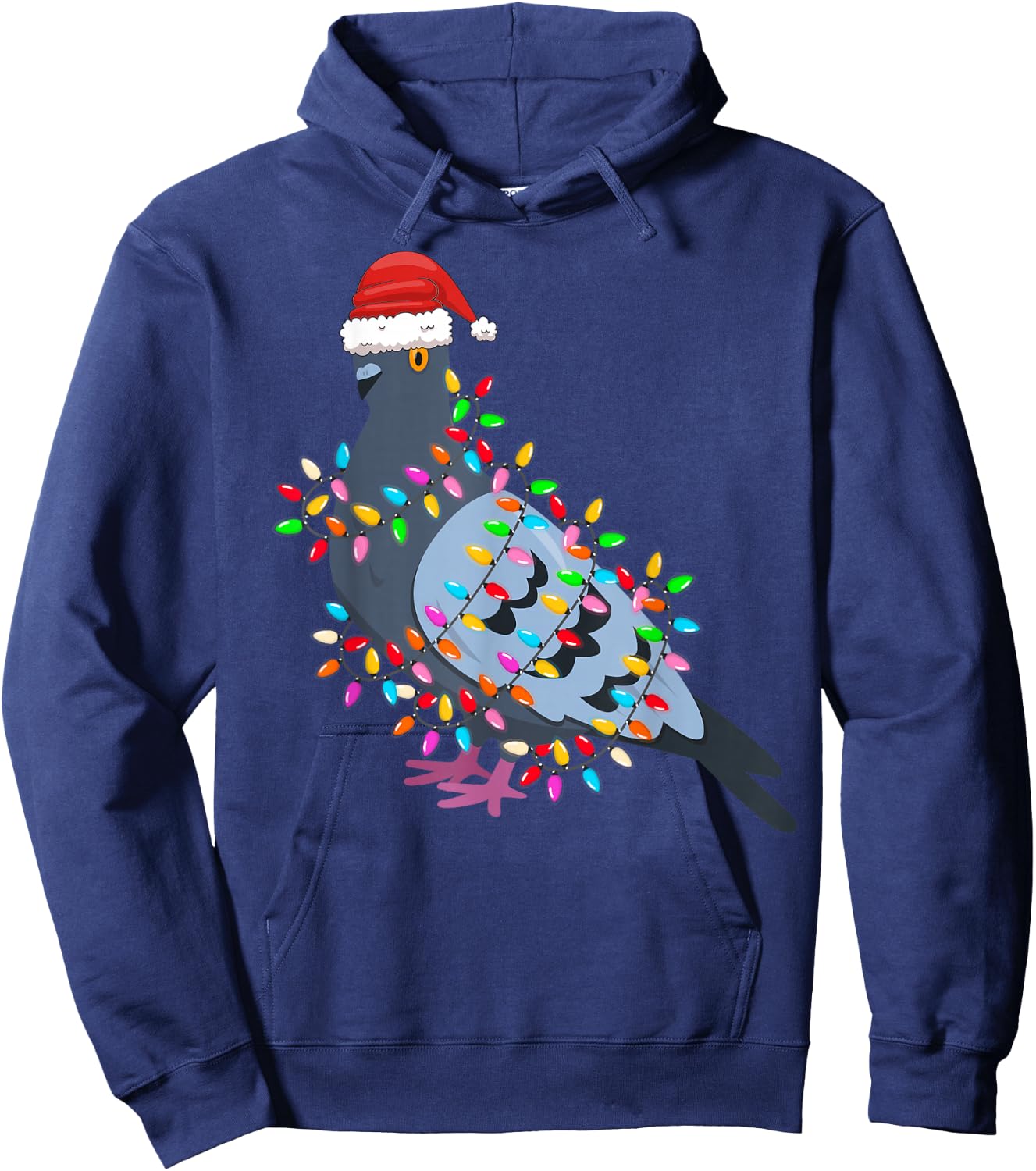 Christmas Lights Pigeon Wearing Xmas Hat - Pigeon Lover Hoodie - Hoodie | Navy
