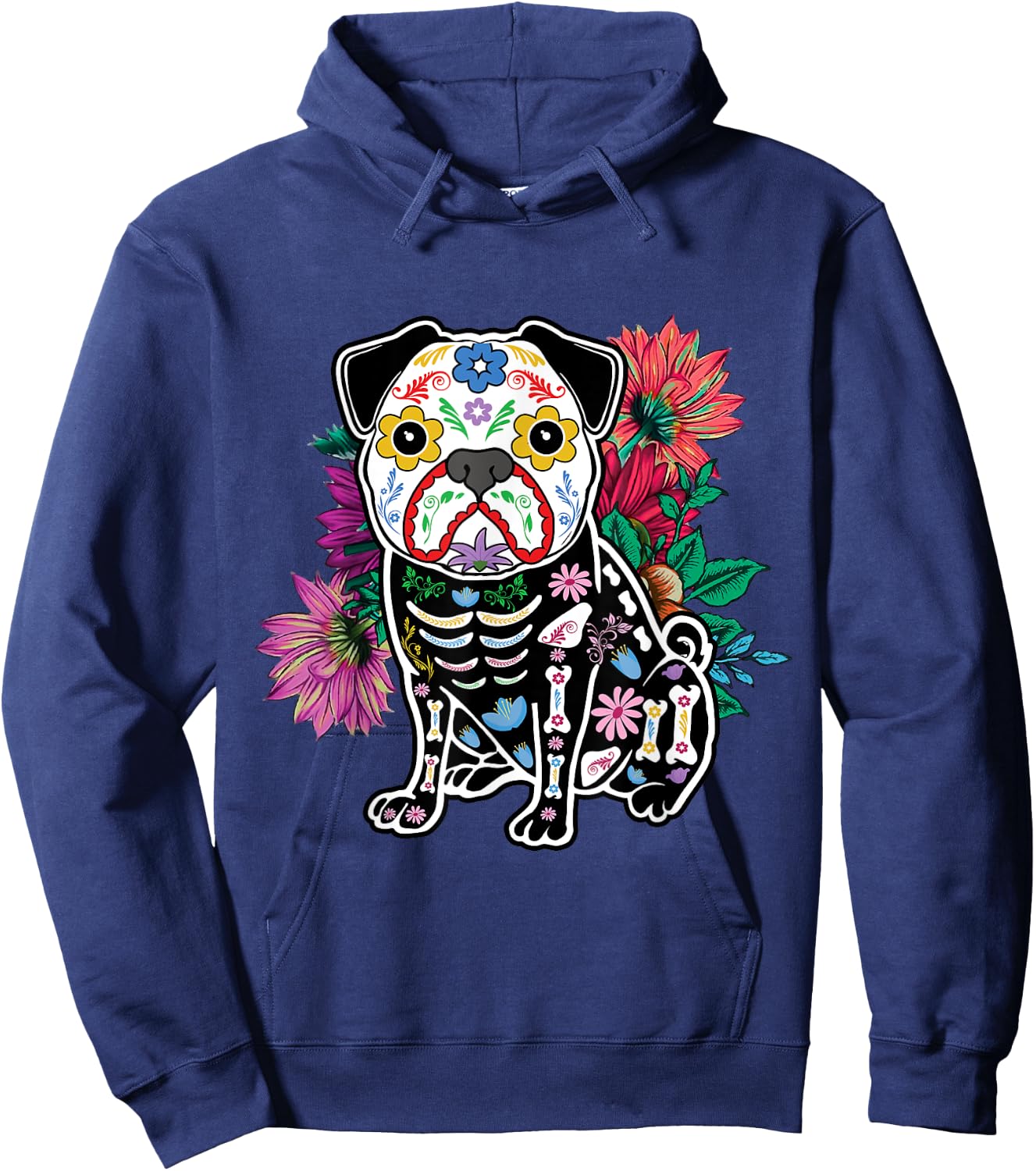 Floral Pug Dog Lover Souls Day Of Dead Dia De Los Muertos Hoodie - Hoodie | Navy