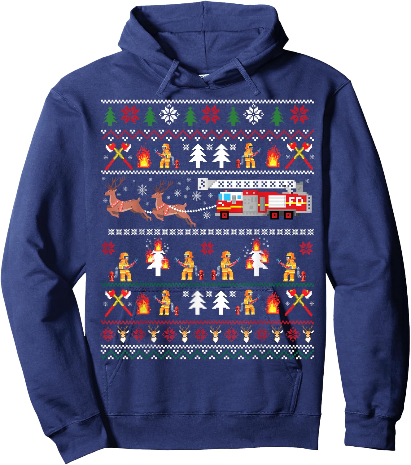 Firefighter Ugly Christmas Sweater, Fireman Fire Firefighter Hoodie - Hoodie | Navy