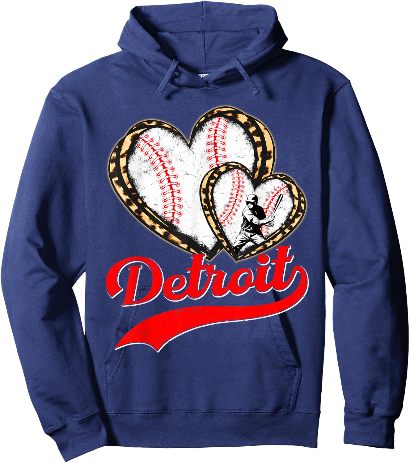 Vintage Detroit Baseball Leopard Heart Baseball Fans Hoodie - Hoodie | Navy