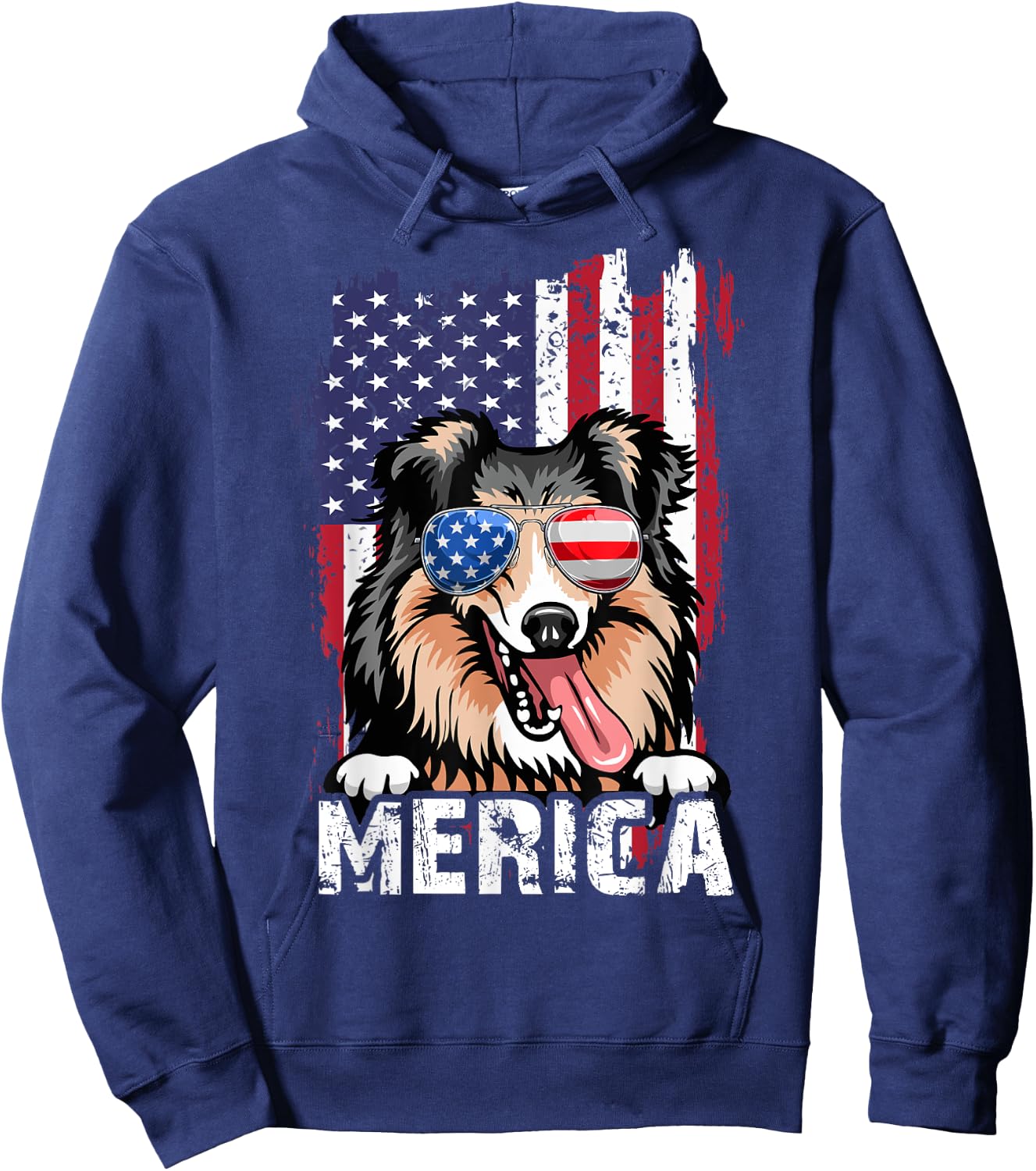 Merica 4th of July Shetland Sheepdog US Flag Sheltie Mom Dad Hoodie - Hoodie | Navy