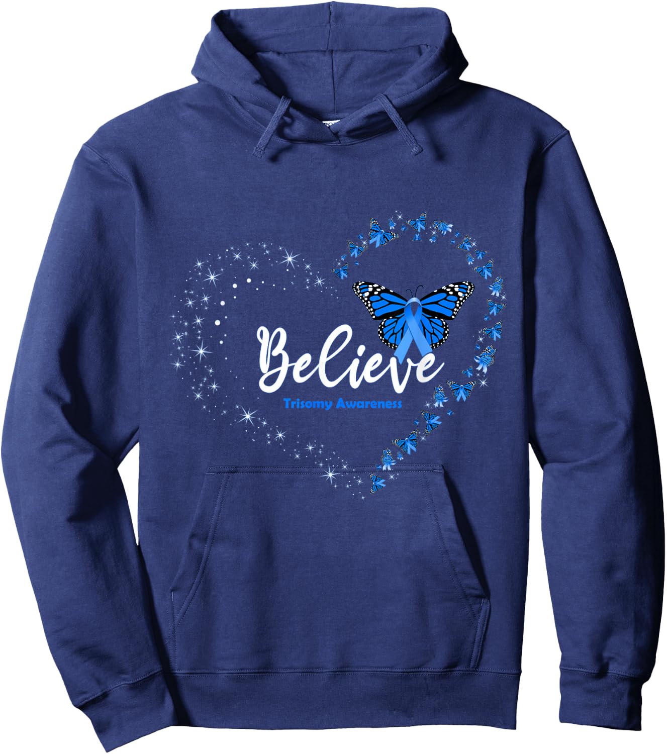 Butterfly Heart Believe Blue Ribbon Trisomy Awareness Hoodie - Hoodie | Navy