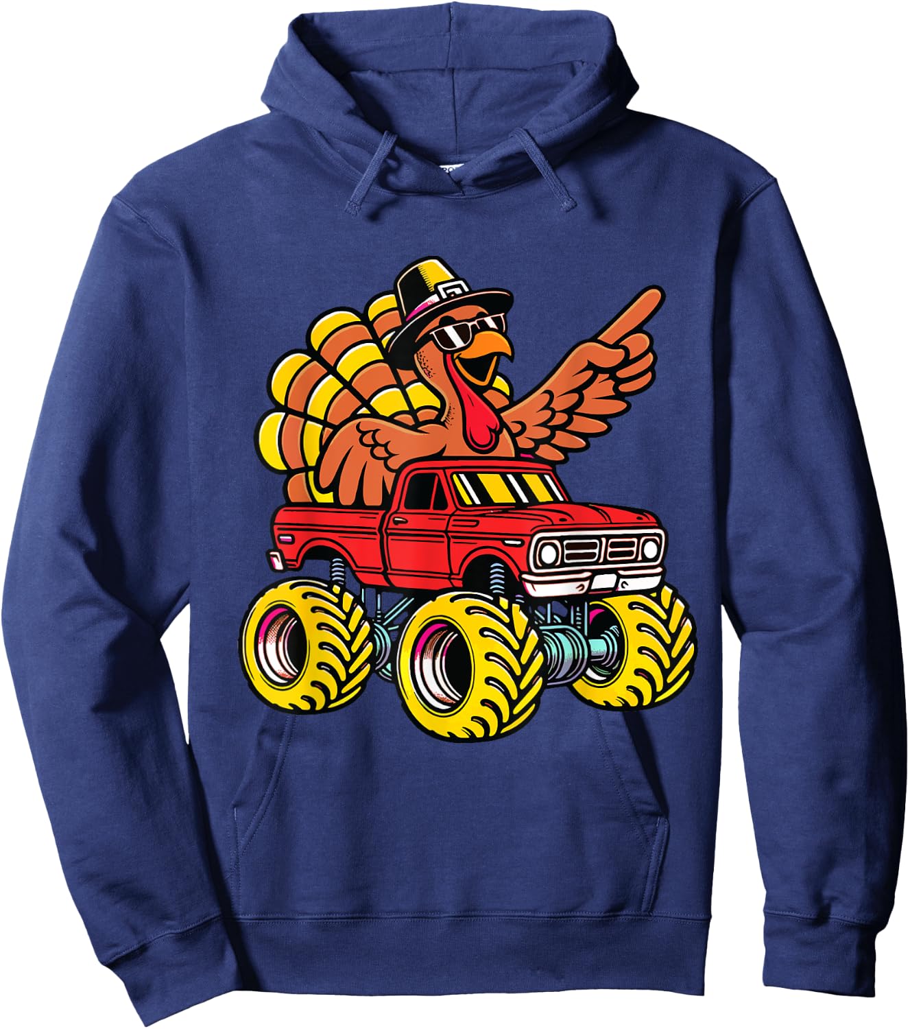Thanksgiving Turkey Riding Monster Truck Kids Boys Hoodie - Hoodie | Navy