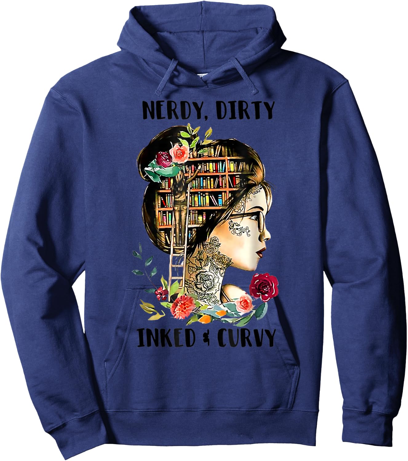 Vintage Nerdy Dirty Inked Curvy Girl Tattoo Reading Lover Hoodie - Hoodie | Navy
