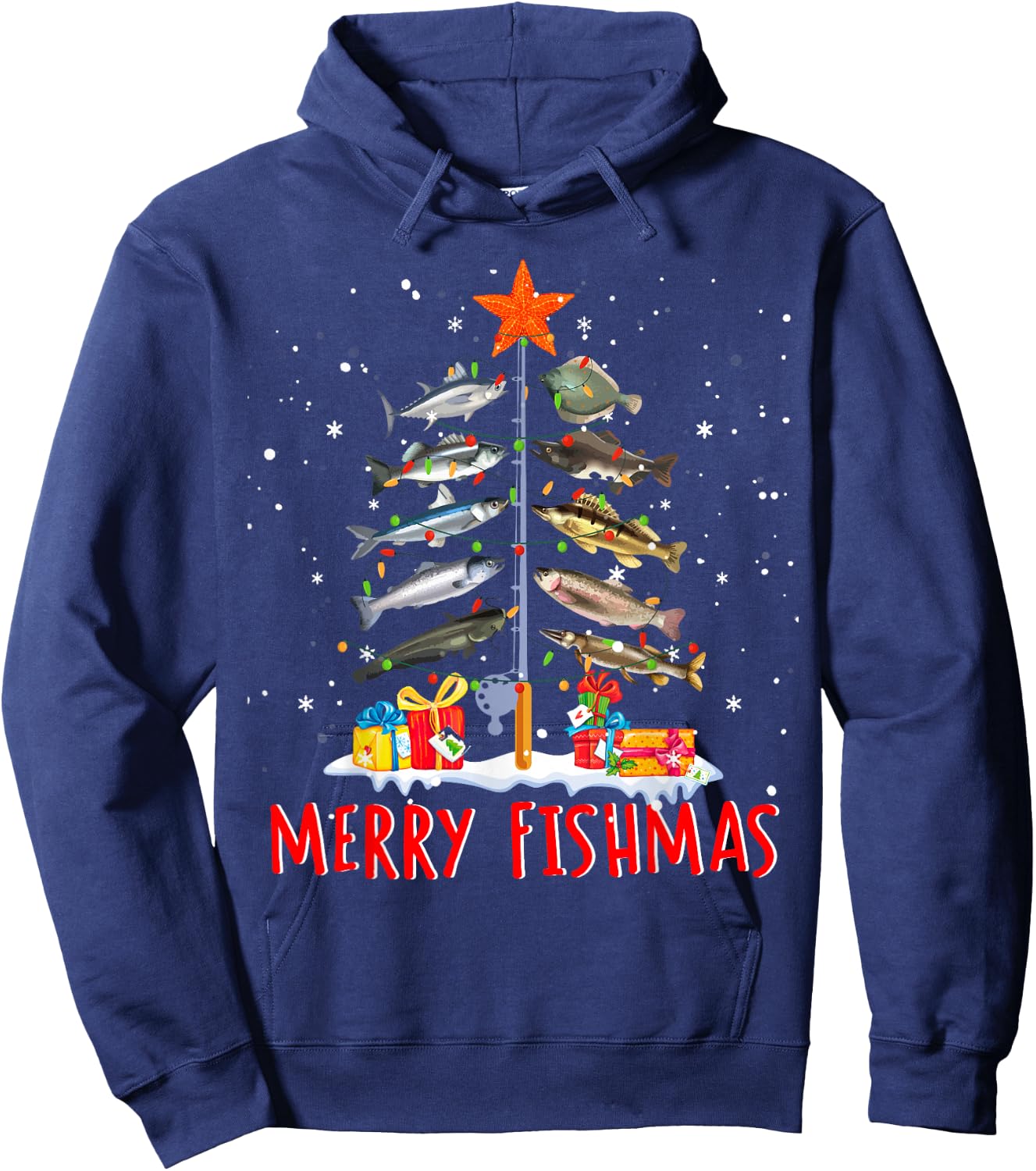 Funny Merry Fishmas - Christmas Tree Lights Hoodie - Hoodie | Navy