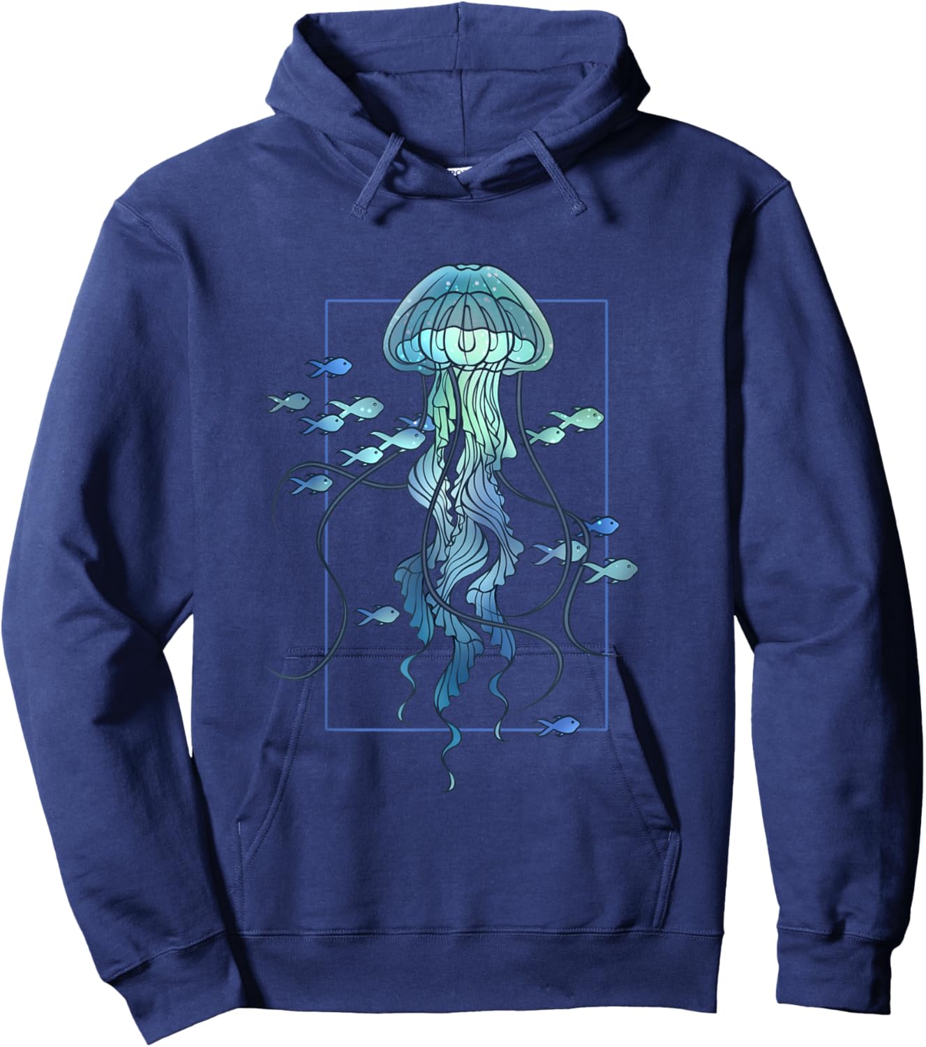 Graphic Jellyfish and Fishes in Sea Hoodie - Hoodie | Navy