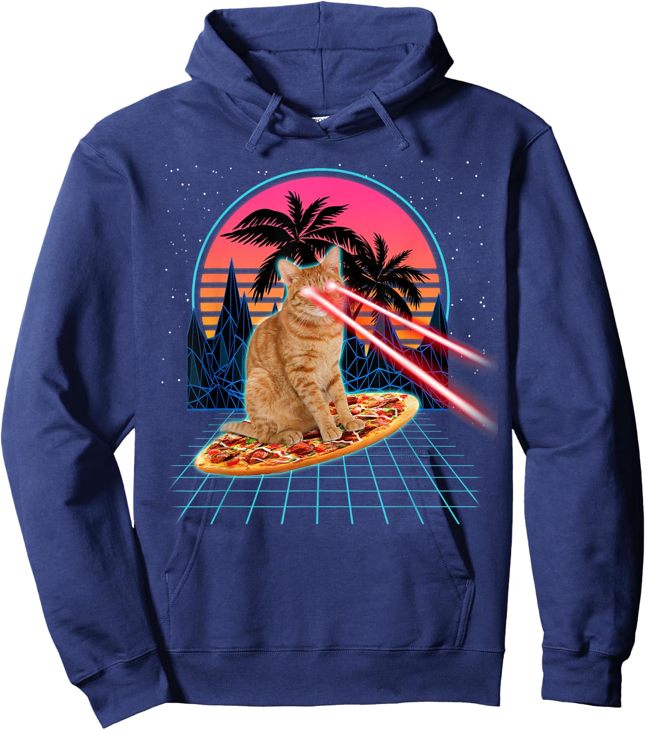Cat Riding Pizza Laser Eyes 80s Cat In Space Cats Lovers Men Women Kids Hoodie - Hoodie | Navy