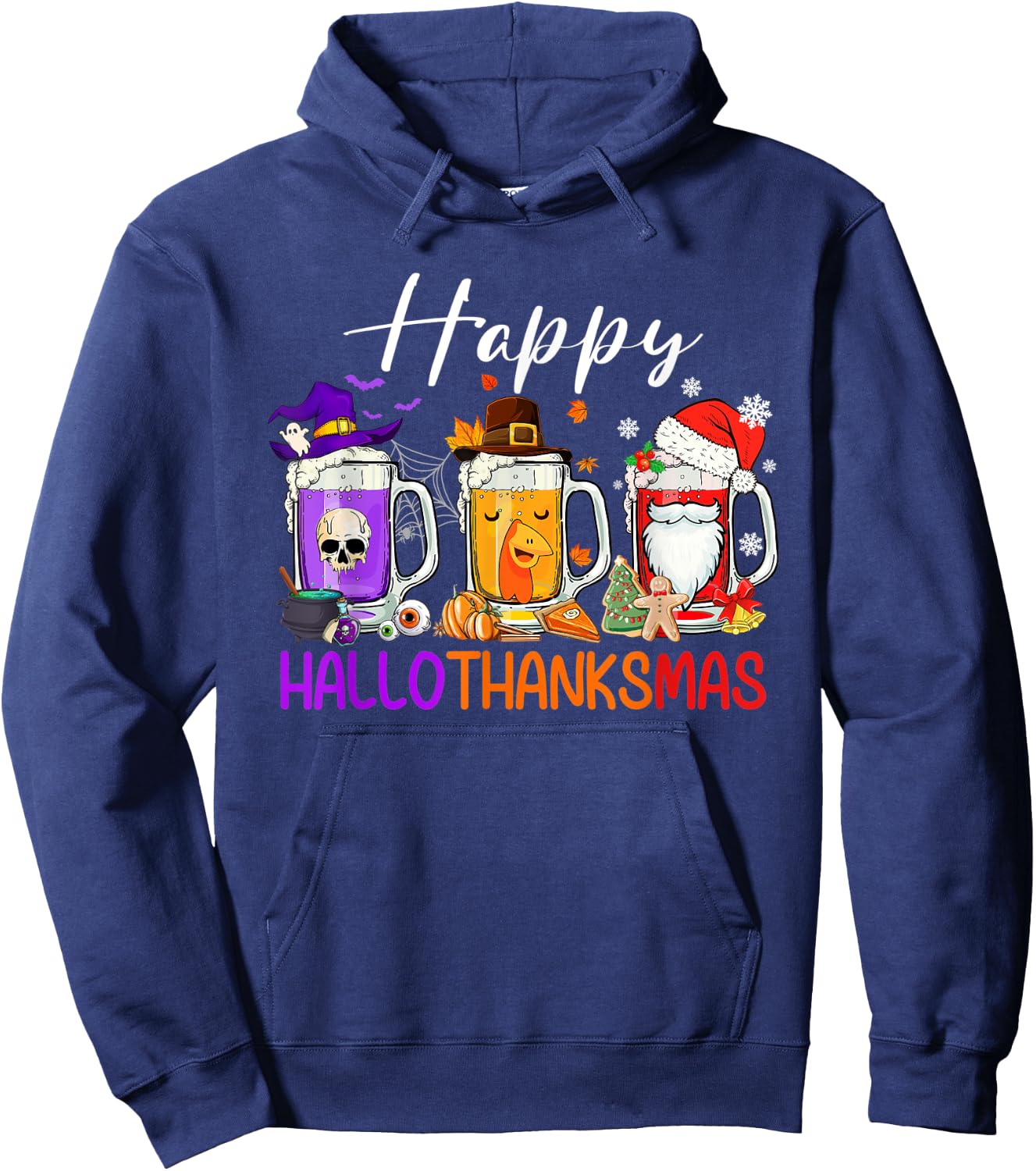 Happy Hallothanksmas Beer Halloween Thanksgiving Christmas Hoodie - Hoodie | Navy