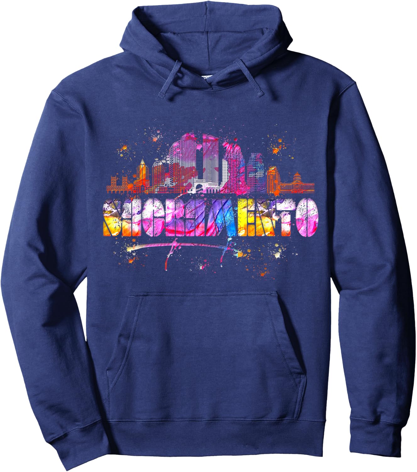 Watercolor Sacramento Skyline - Sacramento Lettering Hoodie - Hoodie | Navy