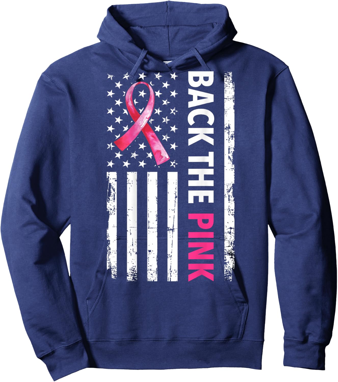 Back The Pink Ribbon USA American Flag Breast Cancer Support Hoodie - Hoodie | Navy