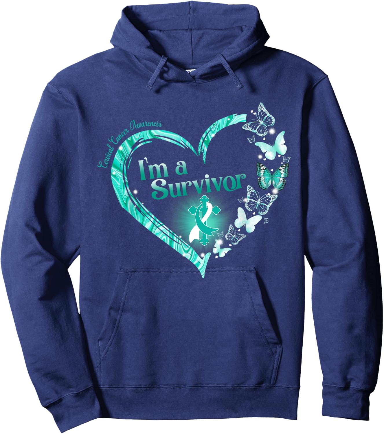 Teal Ribbon Butterfly Cervical Cancer I'm A Survivor Hoodie - Hoodie | Navy