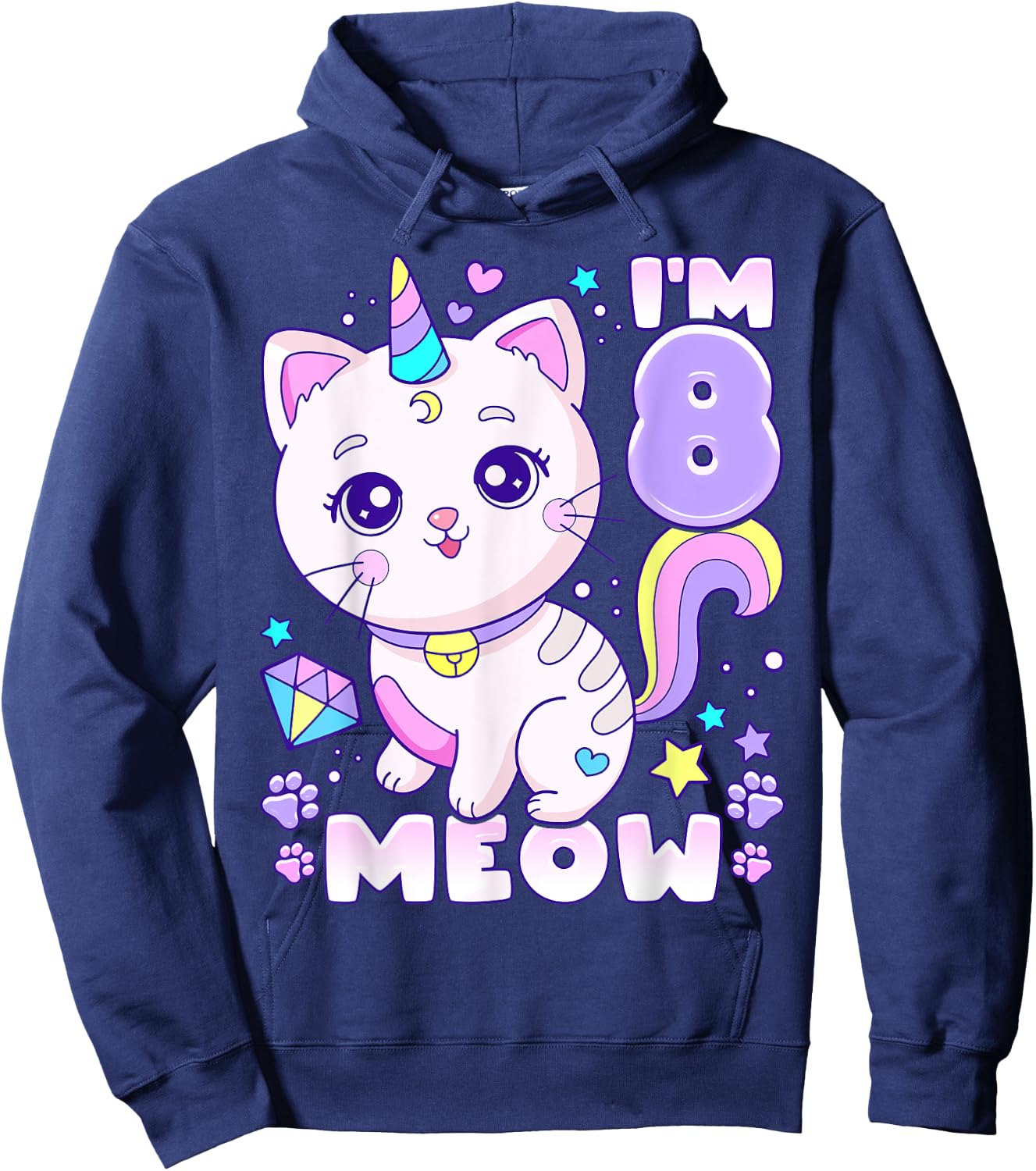 Birthday girl 8 years old, cat, unicorn, 8th birthday Hoodie - Hoodie | Navy