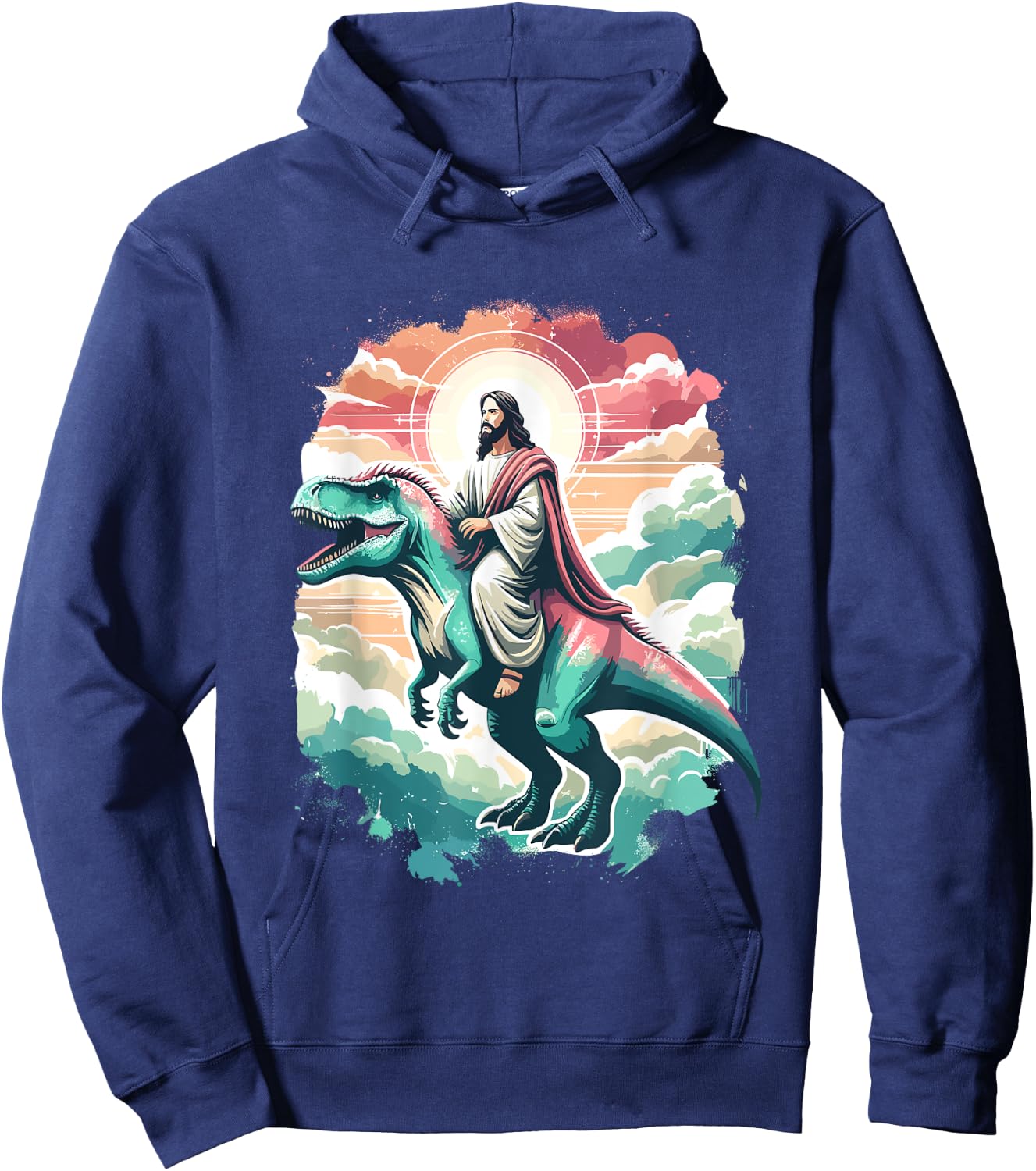 Funny Jesus Riding T-Rex Dinosaur Meme Parody for Believers Hoodie - Hoodie | Navy