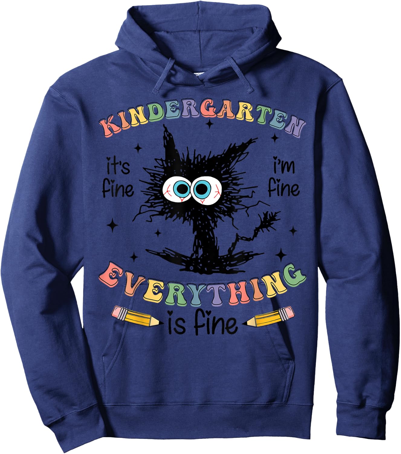 Black Cat Kindergarten Its Fine Im Fine Everything is Fine Women Girls Kids Hoodie - Hoodie | Navy