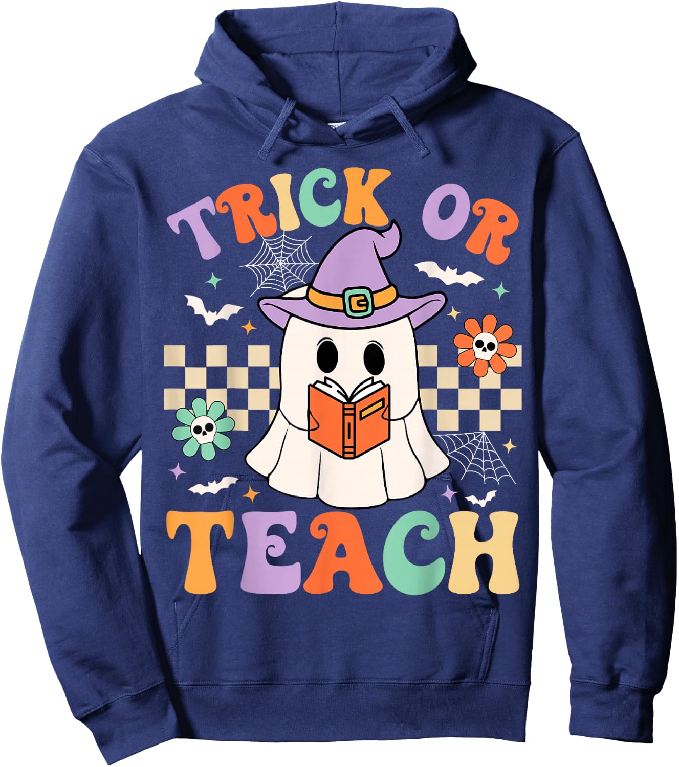 Trick Or Teach Groovy Teacher Halloween Retro Floral Ghost Hoodie - Hoodie | Navy