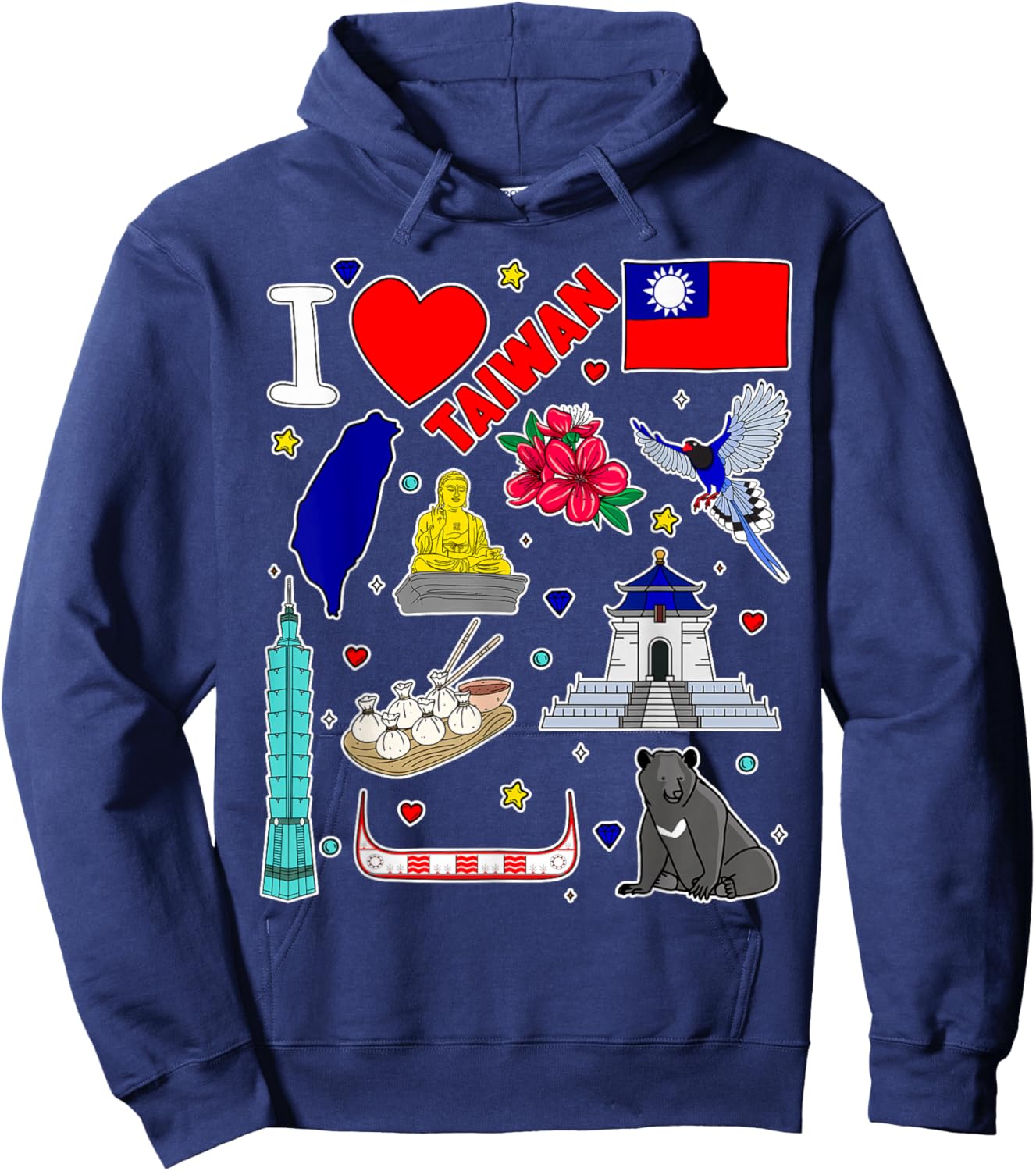 Taiwanese hand drawn symbols, Taiwan map, cultural icons Hoodie - Hoodie | Navy