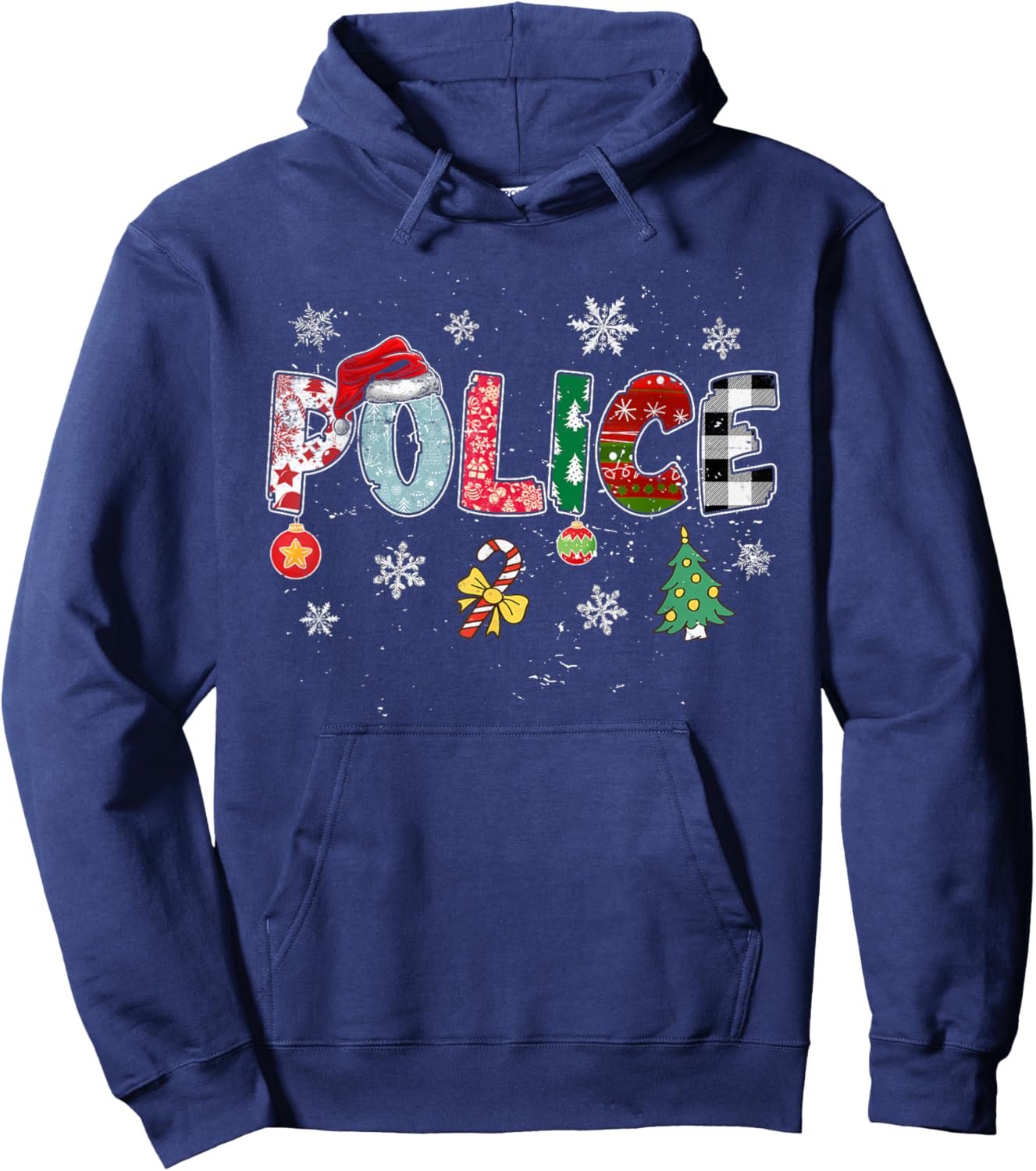Police Christmas Santa Hat Funny Xmas Tree Plaid Pajama Hoodie - Hoodie | Navy