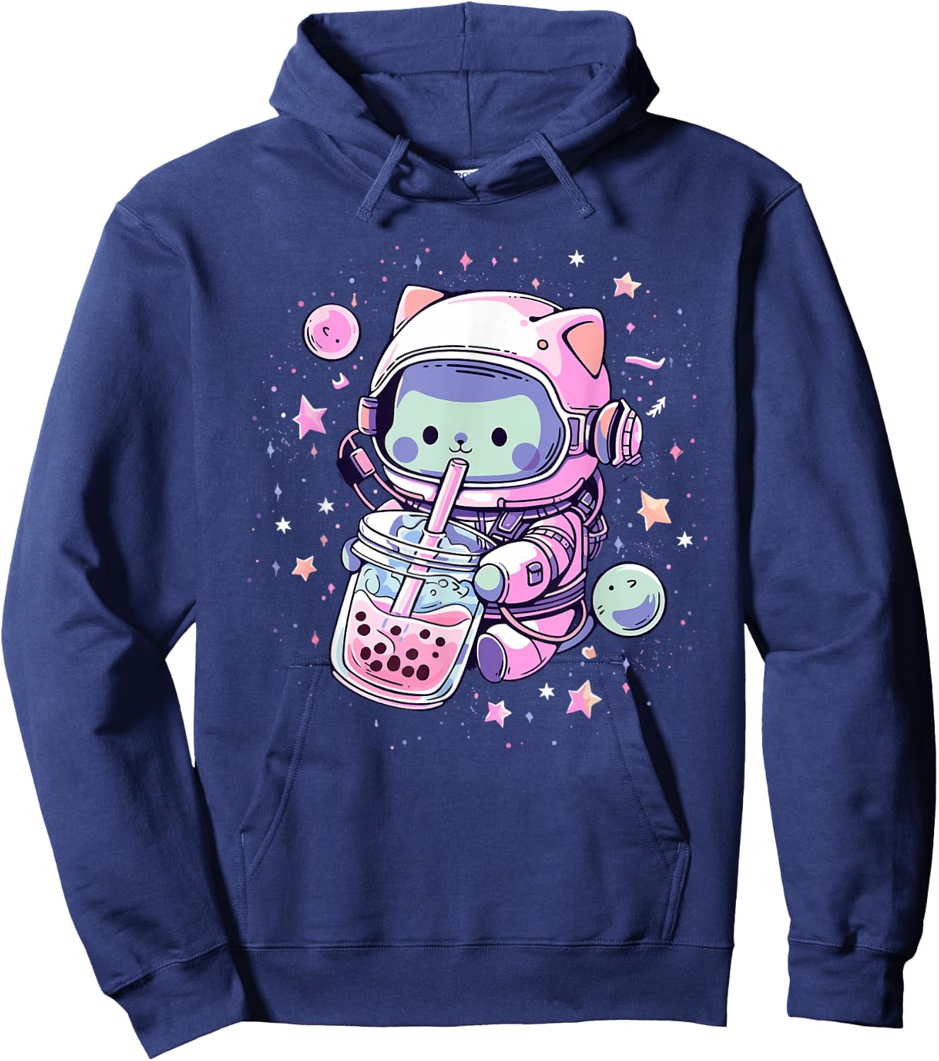 Kawaii Cat Bubble Boba Tea in Space Astronaut Anime Girls Hoodie - Hoodie | Navy