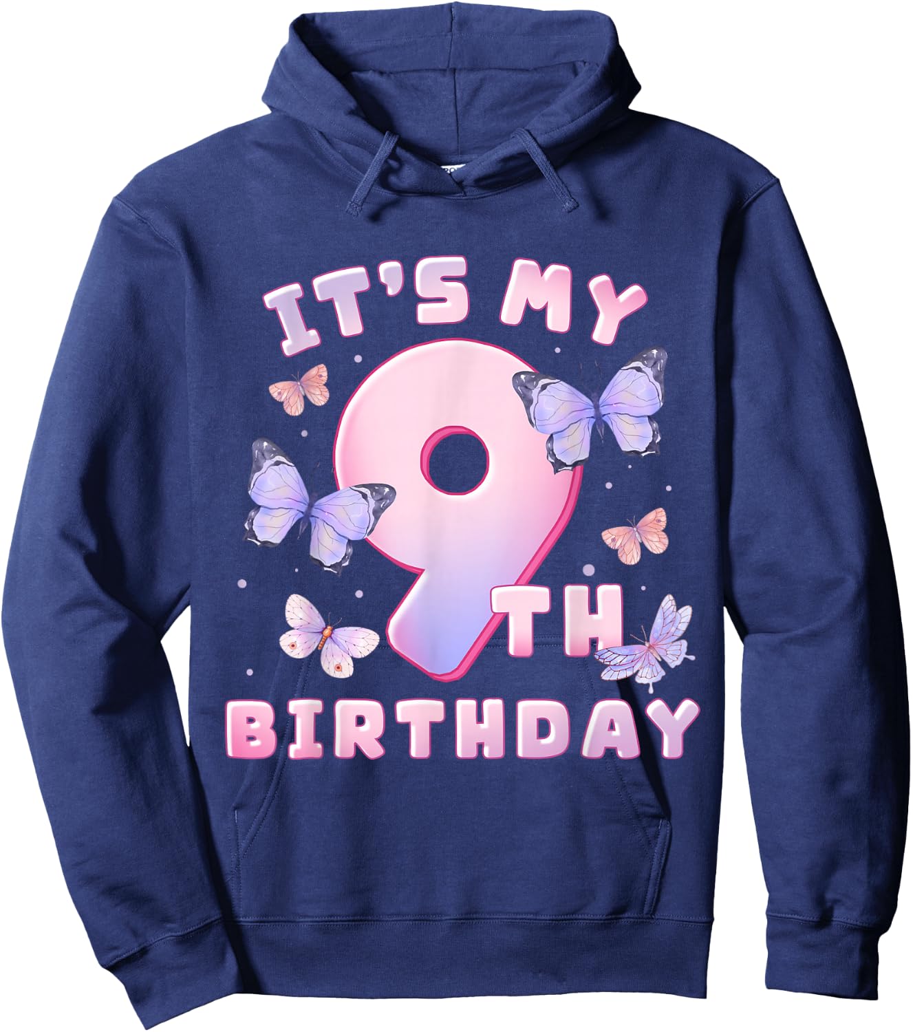 9th Birthday Girl Butterflies and Number 9 Cute Kids Hoodie - Hoodie | Navy