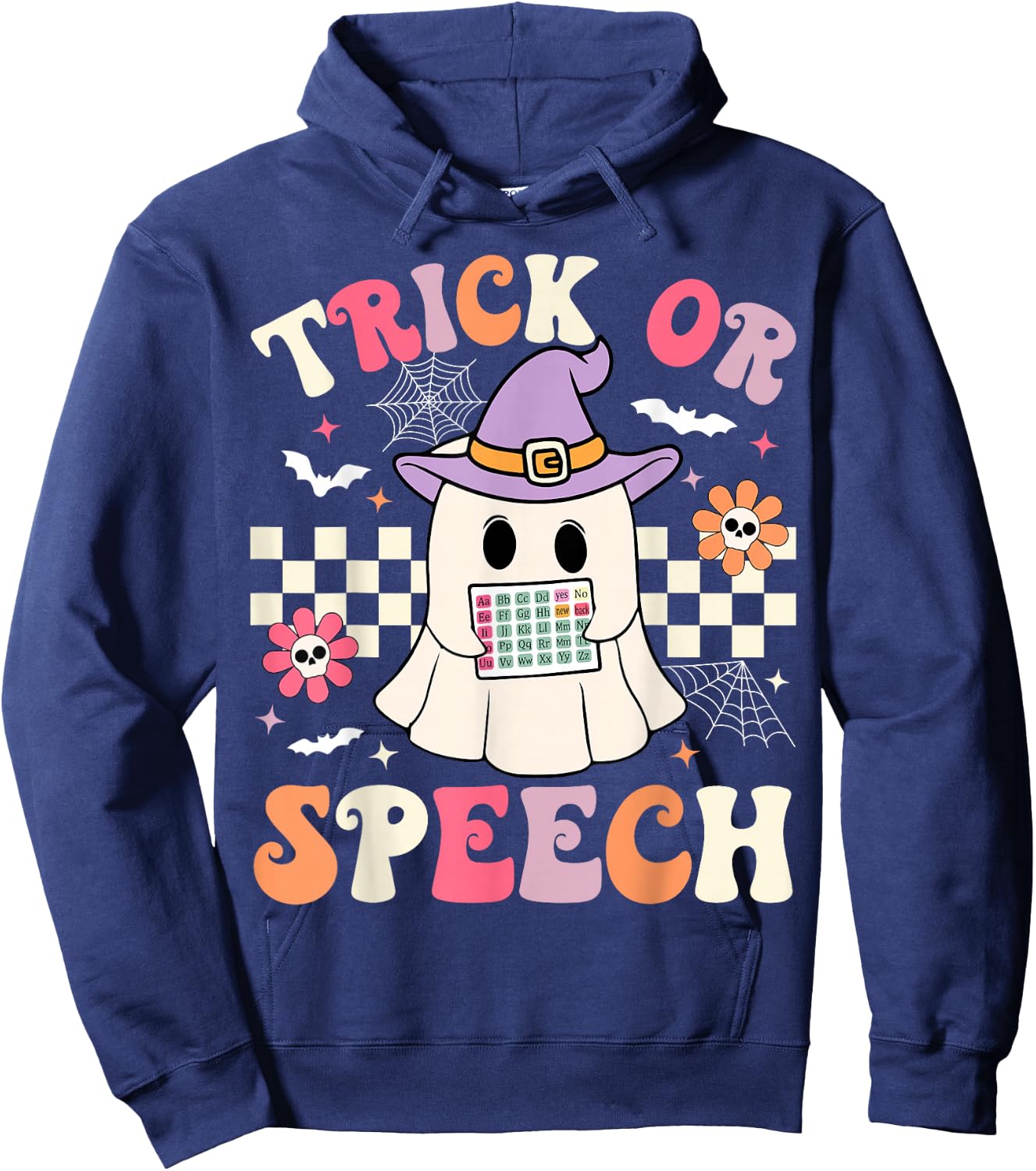 Trick or Speech Retro SLP Halloween Speech Therapy Halloween Hoodie - Hoodie | Navy