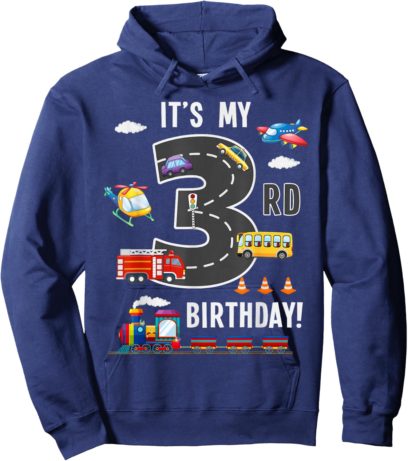 Its My 3rd Birthday Boy 3 Bday Train Car Fire Truck Airplane Hoodie - Hoodie | Navy