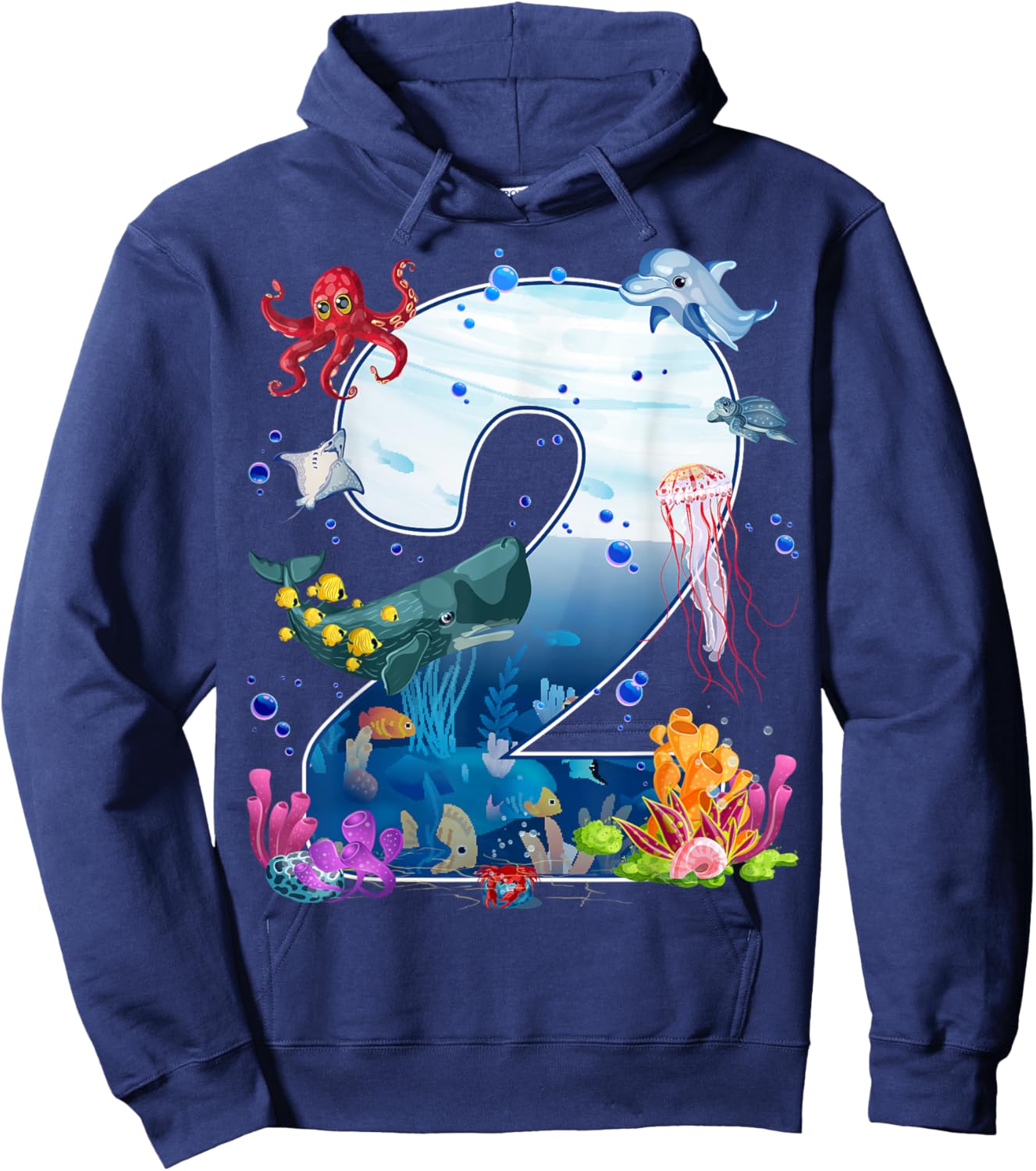 2nd Birthday Party Ocean 2 Year Old Sea Fish Aquarium Boy Hoodie - Hoodie | Navy