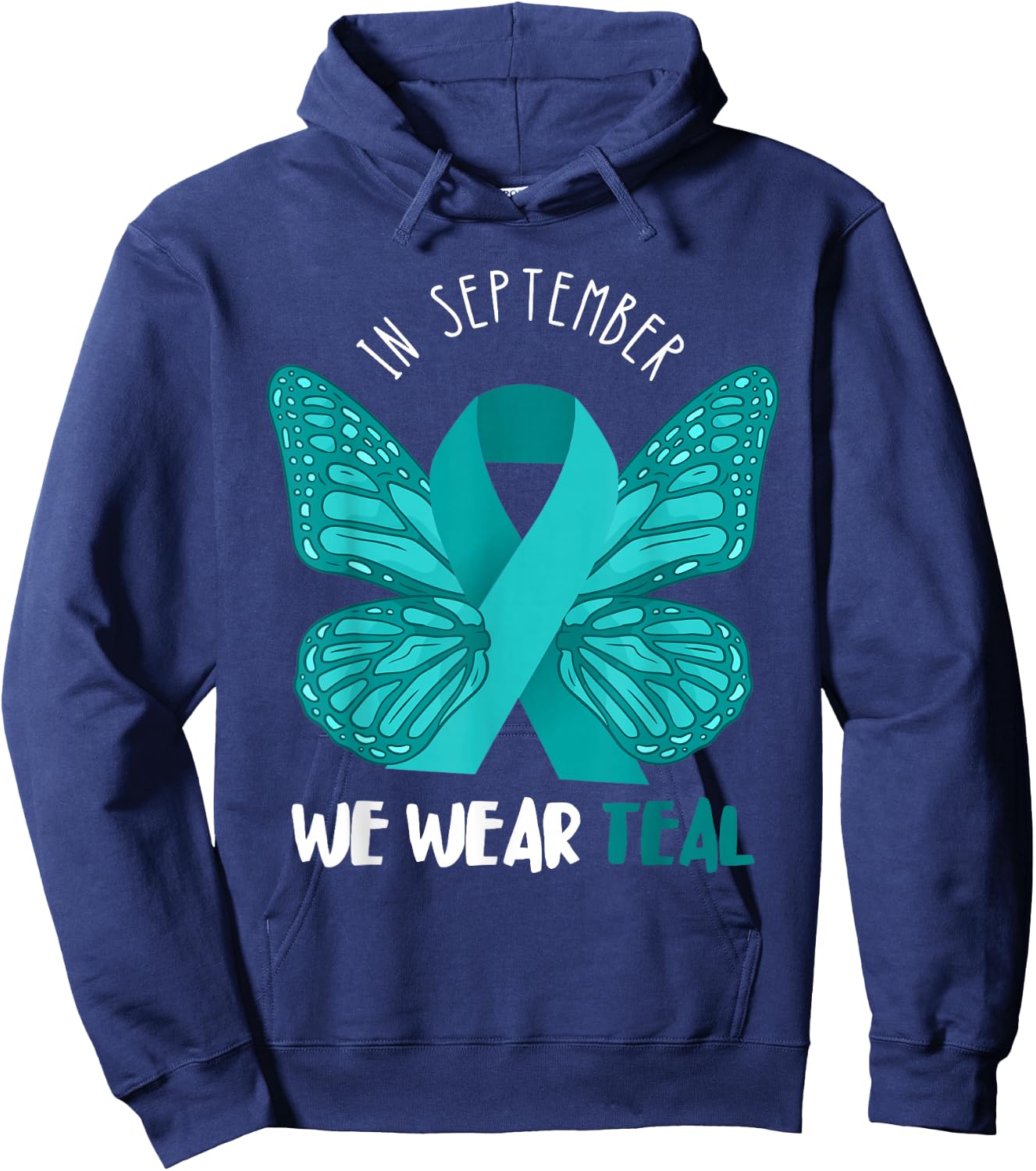 Ovarian Cancer Awareness Teal Ribbon September Butterfly Hoodie - Hoodie | Navy