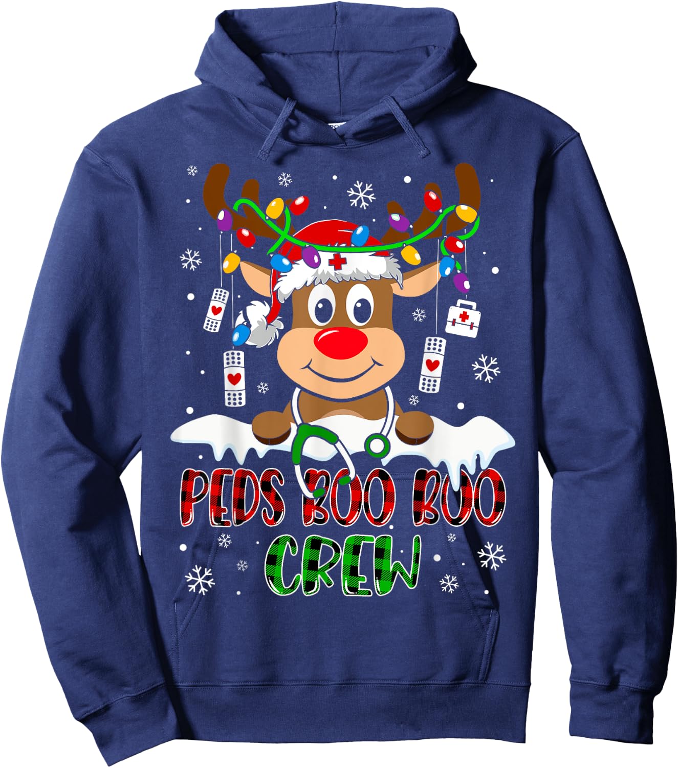 Peds Nurse Boo Crew Reindeer Nurse Buffalo Plaid Christmas Hoodie - Hoodie | Navy