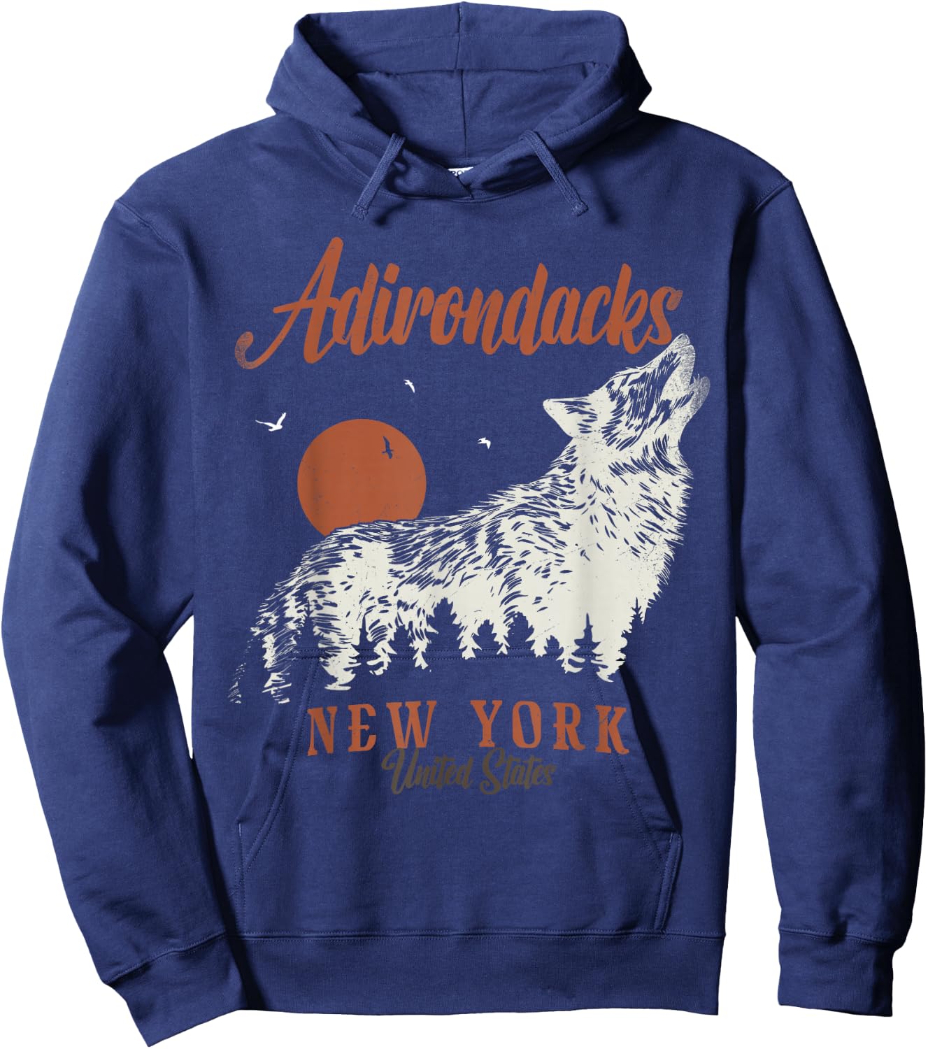 Vintage Adirondacks Mountains New York Forest Wolf Hoodie - Hoodie | Navy