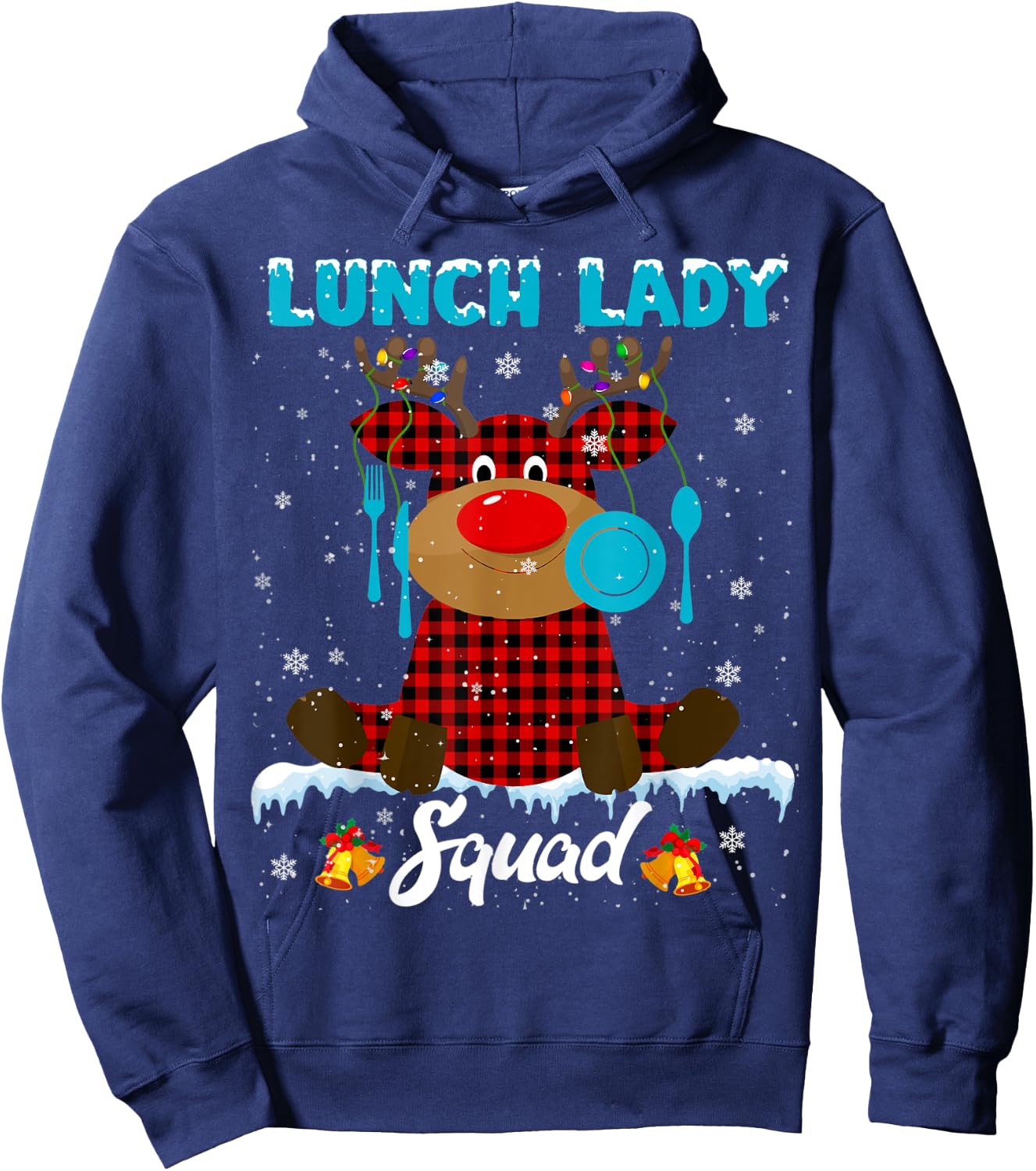 Lunch Lady Squad Xmas Lights Red Plaid Reindeer Lunch Lady Hoodie - Hoodie | Navy