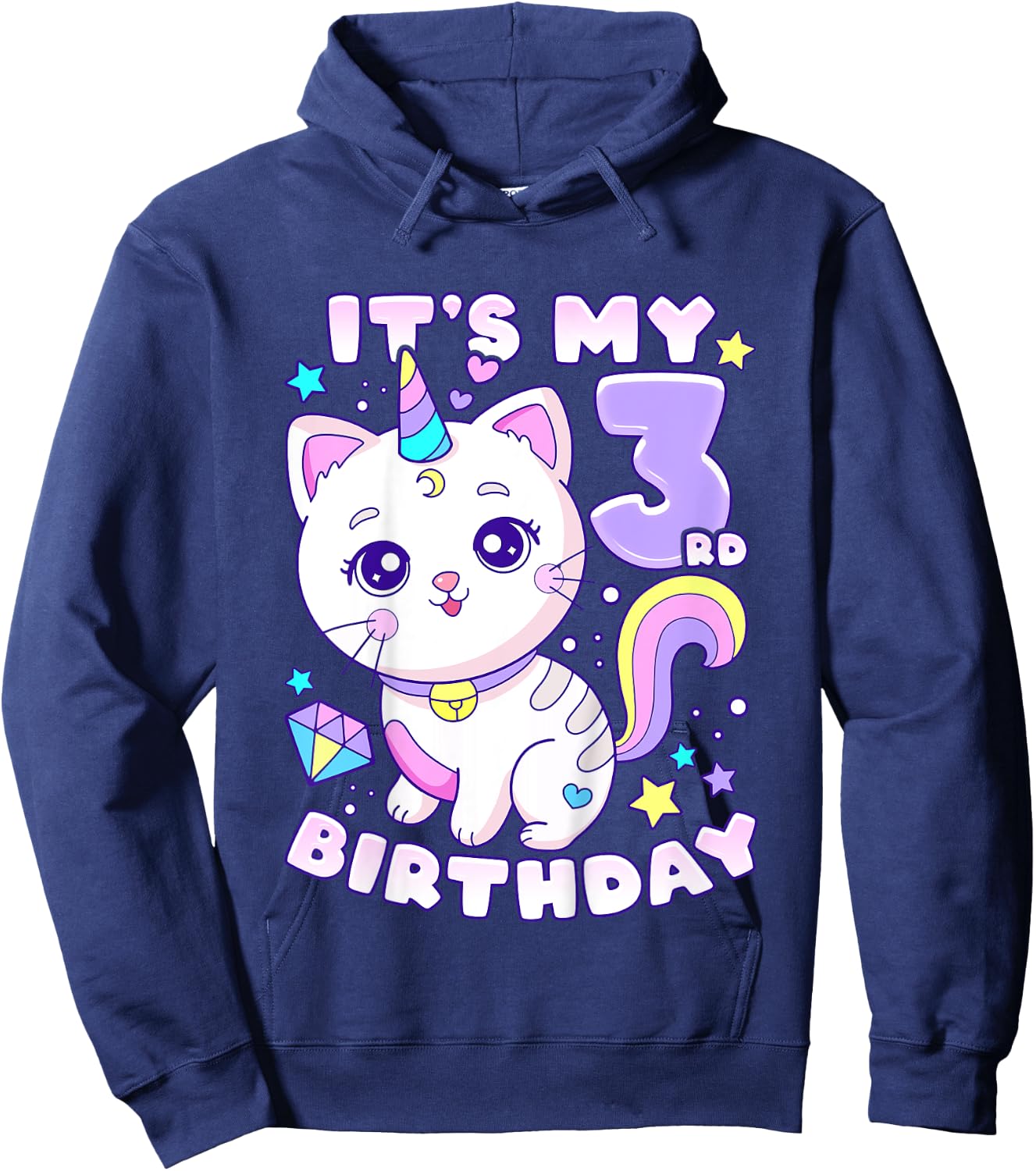 Birthday girl 3 years old, cat, unicorn, 3rd birthday Hoodie - Hoodie | Navy