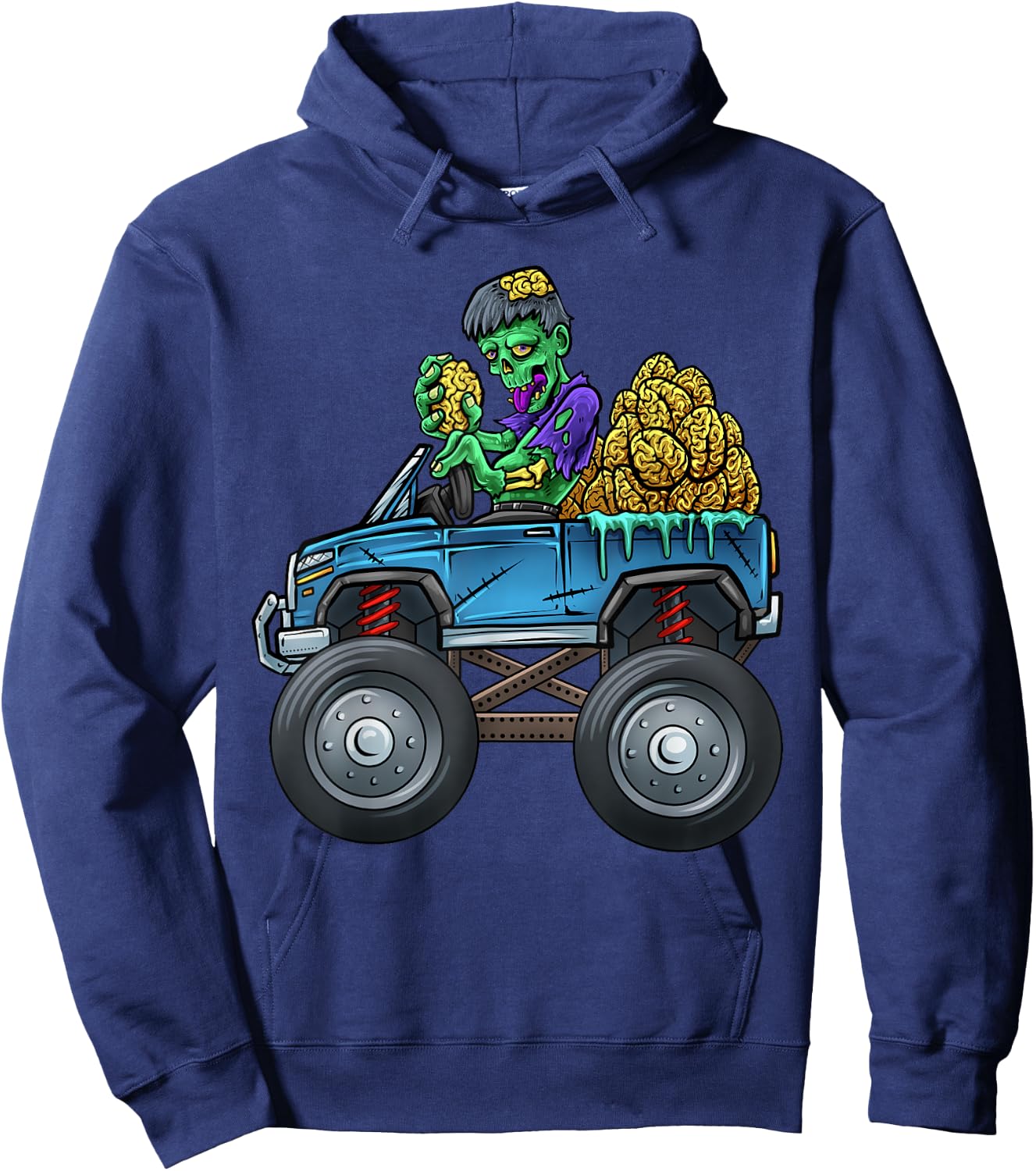 Monster Truck Driving Zombie Eating Brains Halloween Truck Hoodie - Hoodie | Navy