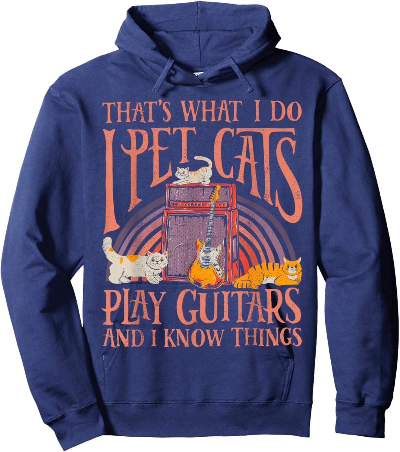 I Pet Cats Play Guitars Guitarist Music Lover Retro Vintage Hoodie - Hoodie | Navy
