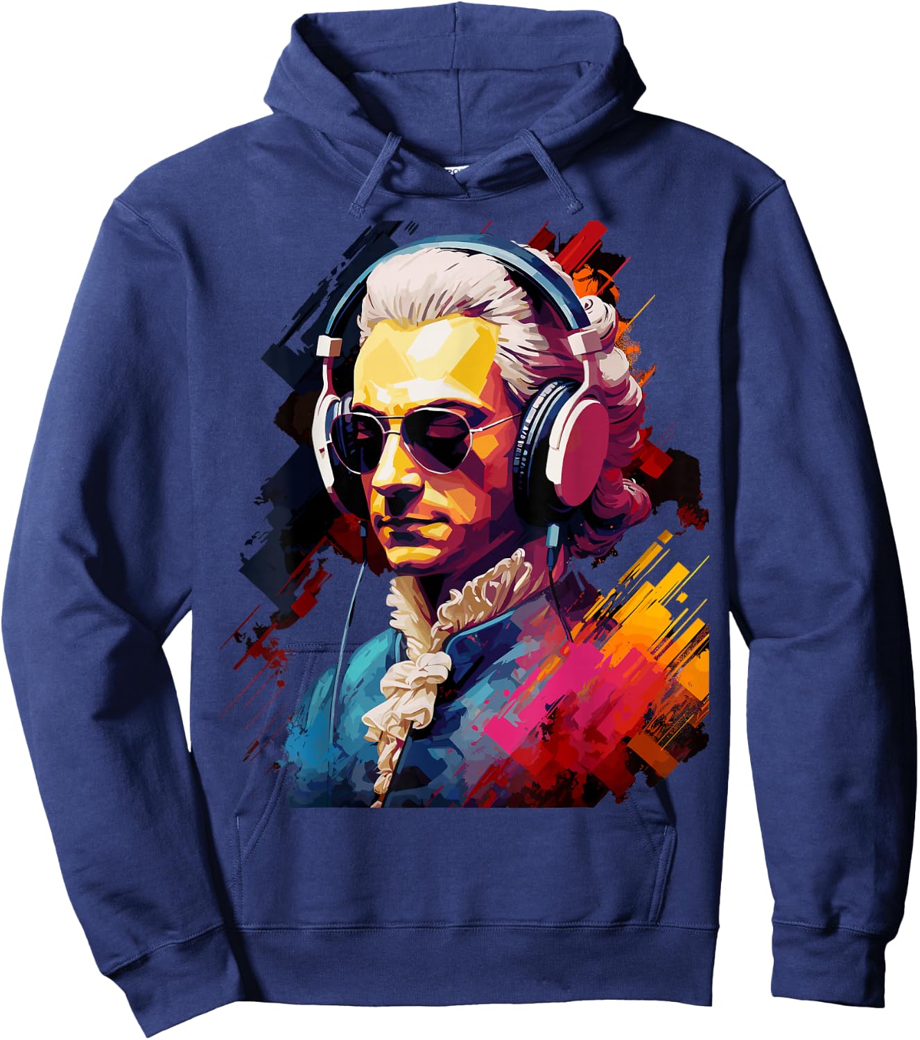 Colorful Mozart With Headphones - Classic Music Themed Hoodie - Hoodie | Navy